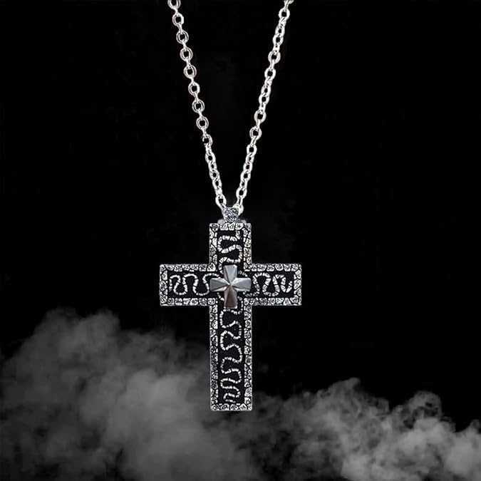 3D Printed Cross Necklace with Dark Box Ten Character Pendant, Vintage Handmade Men's and Women's Pendant Jewellery, Fashion Unisex Gift Ideas