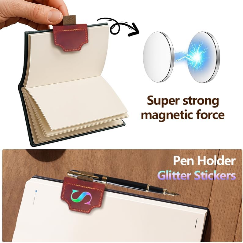 Bookmark with Pen Holder, 26 Letters Laser Sticker Personalized Magnetic Bookmarks Leather, Name Book Marker Clip with Initial for Men Women, Gifts for Bookmarks Book Readers Lovers