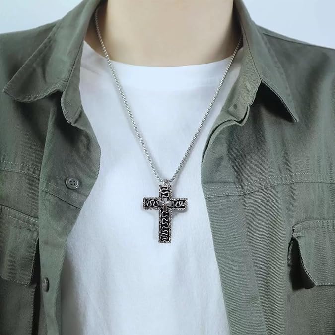 3D Printed Cross Necklace with Dark Box Ten Character Pendant, Vintage Handmade Men's and Women's Pendant Jewellery, Fashion Unisex Gift Ideas