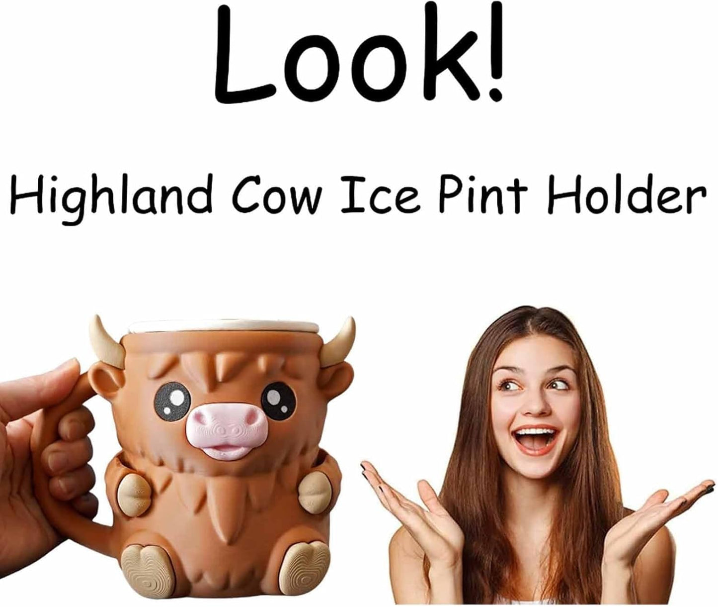 Highland Cow Ice Pint Holder, Cute Ice Cream Pint, 3D Printed Reusable Popsicle Containers, Dessert Cup, Beer Can Holders, With Antifreeze Handle and Two Spoons, Gift for Cream Lovers(Brown