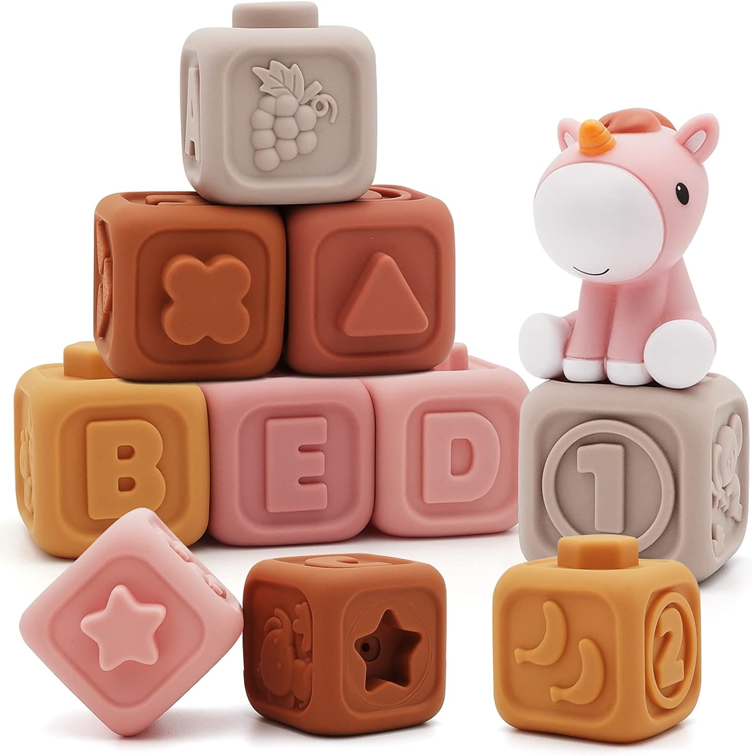 7 Pcs Stacking & Nesting Baby Toys, Squeeze Teething Baby Toys and Building Circle with Pink Horse Figure