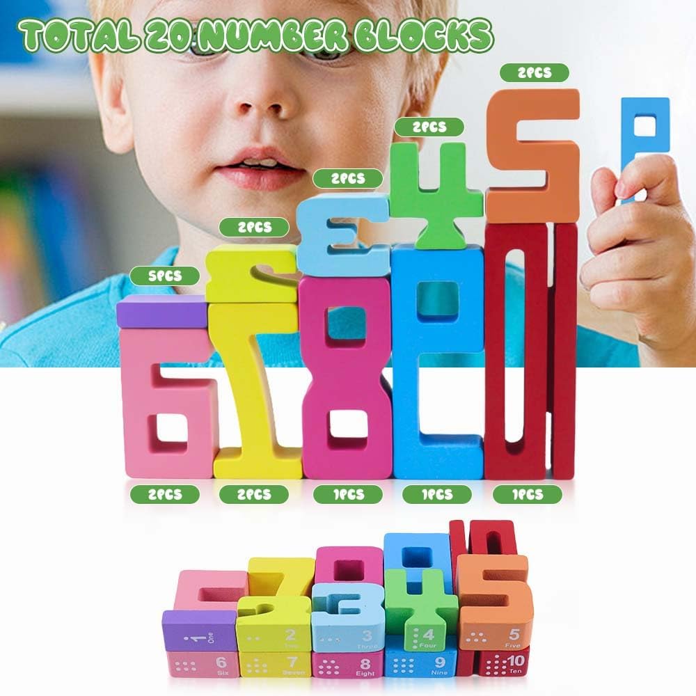 Wooden Number Building Blocks, 20Pcs Numbers, Math Learning Toys, 1-10 Building Blocks, Competition Toy, Wooden Blocks, Toys for Ages 8-13, Educational Gifts 