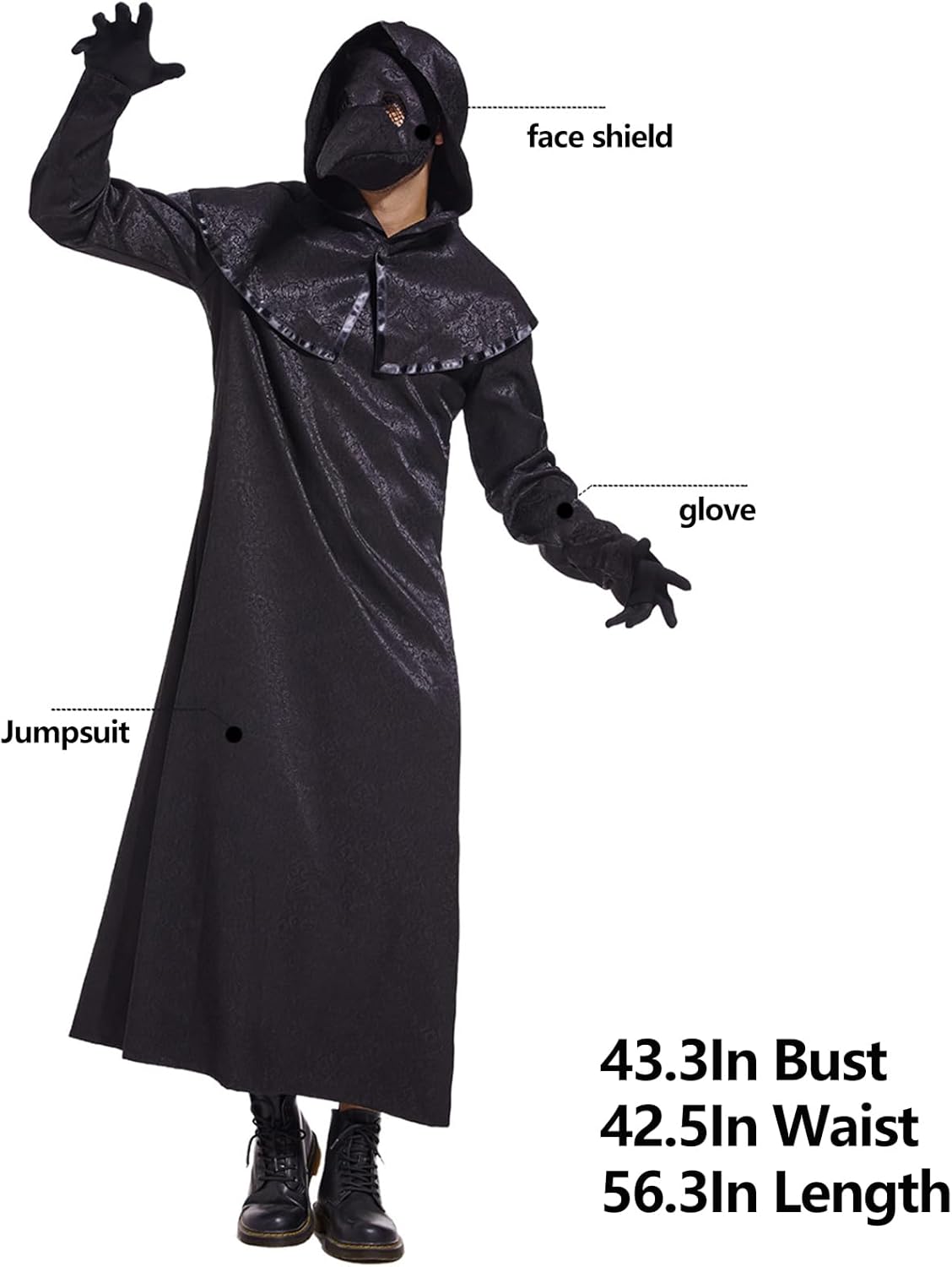 Halloween Plague Doctor Costume for Bird Beak Mask, Black Cloak Robe with Hood Costume