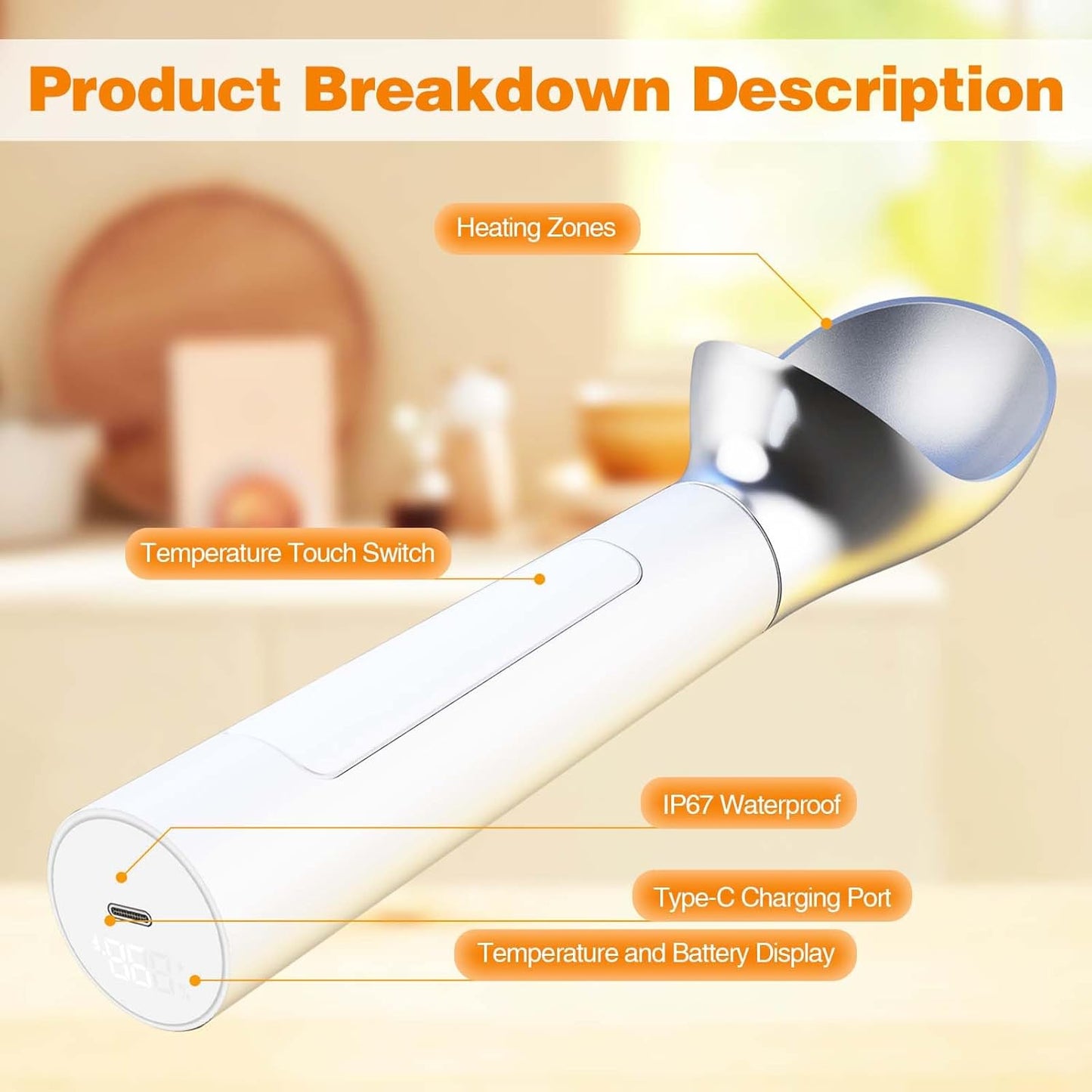 Heated Ice Cream Scoop, Waterproof Electric Ice Cream Scoop for Hard Ice Cream, Rechargeable with LED Display, Heats to 158°F for Dessert Shops, Homes Kitchen Gadgets