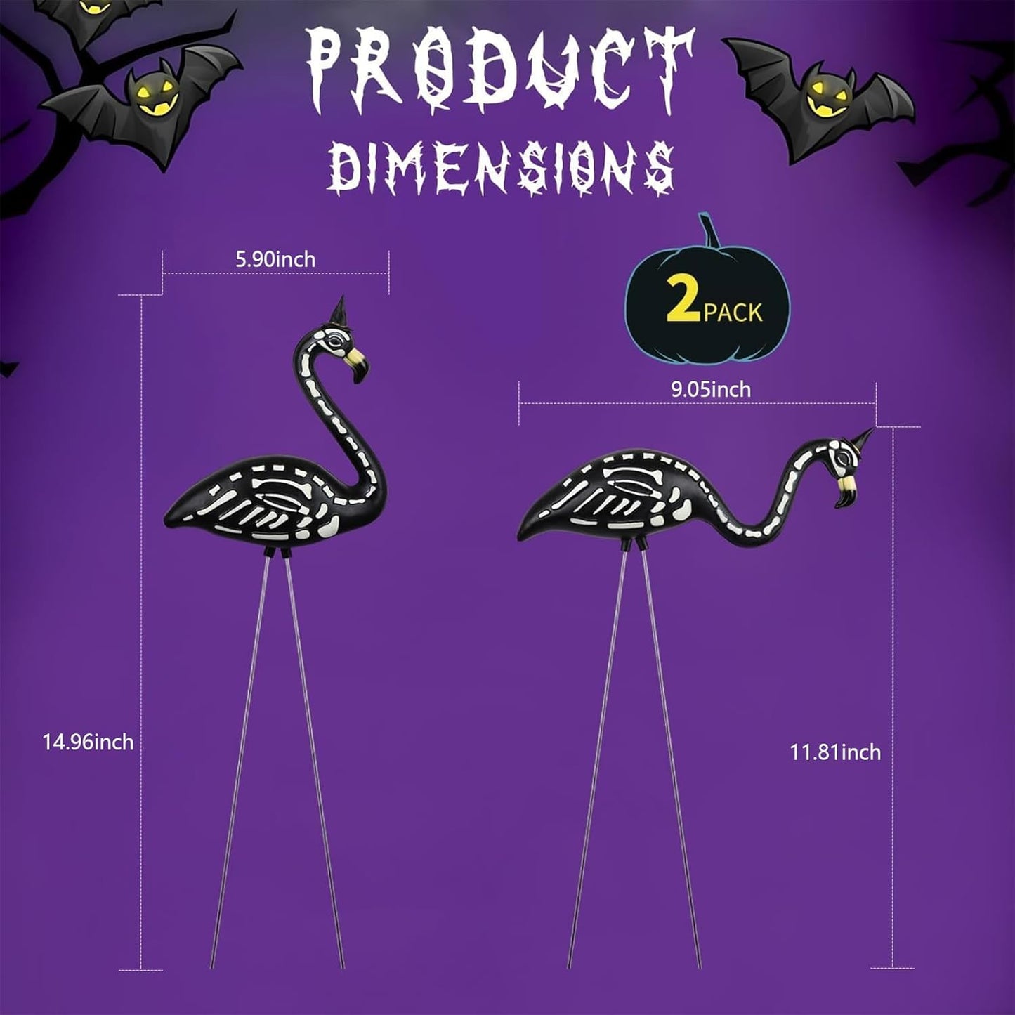 Halloween Decorations 2 Pack Black Flamingo Skeleton,Skeleton Flamingo Glow in The Dark, Zombie Flamingos