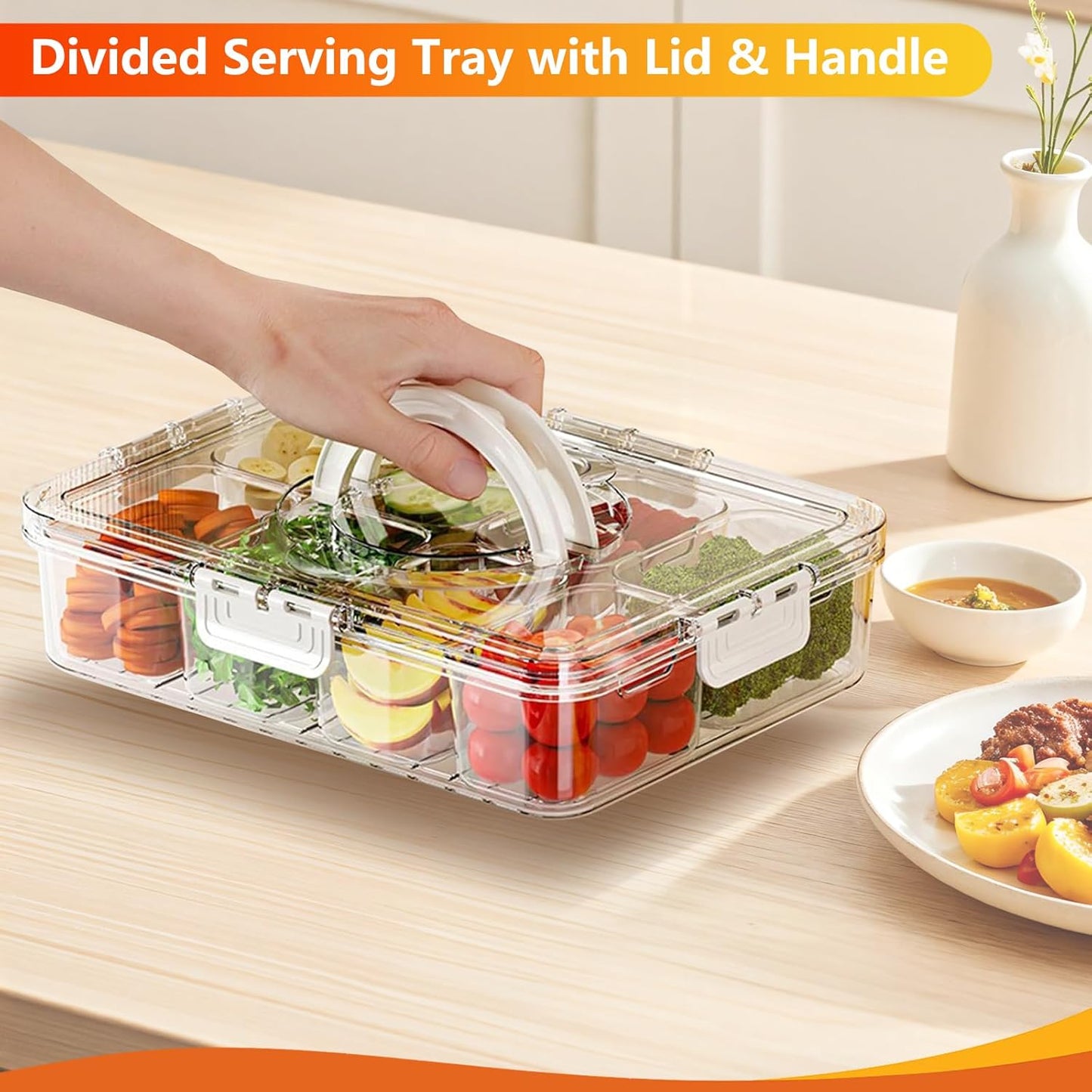 Snackle Box Container, Portable Snack Containers Box 8 Compartment Divided Serving Tray with Lid and Handle