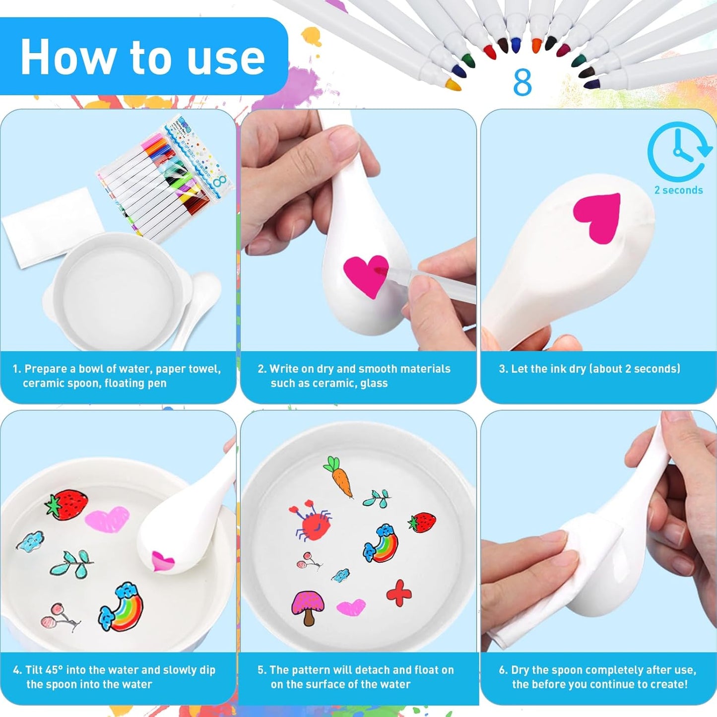 QETRABONE Magical Water Painting Pen-12 Colors Double Ended, Erasing Whiteboard Marker, Doodle Water Floating Pens