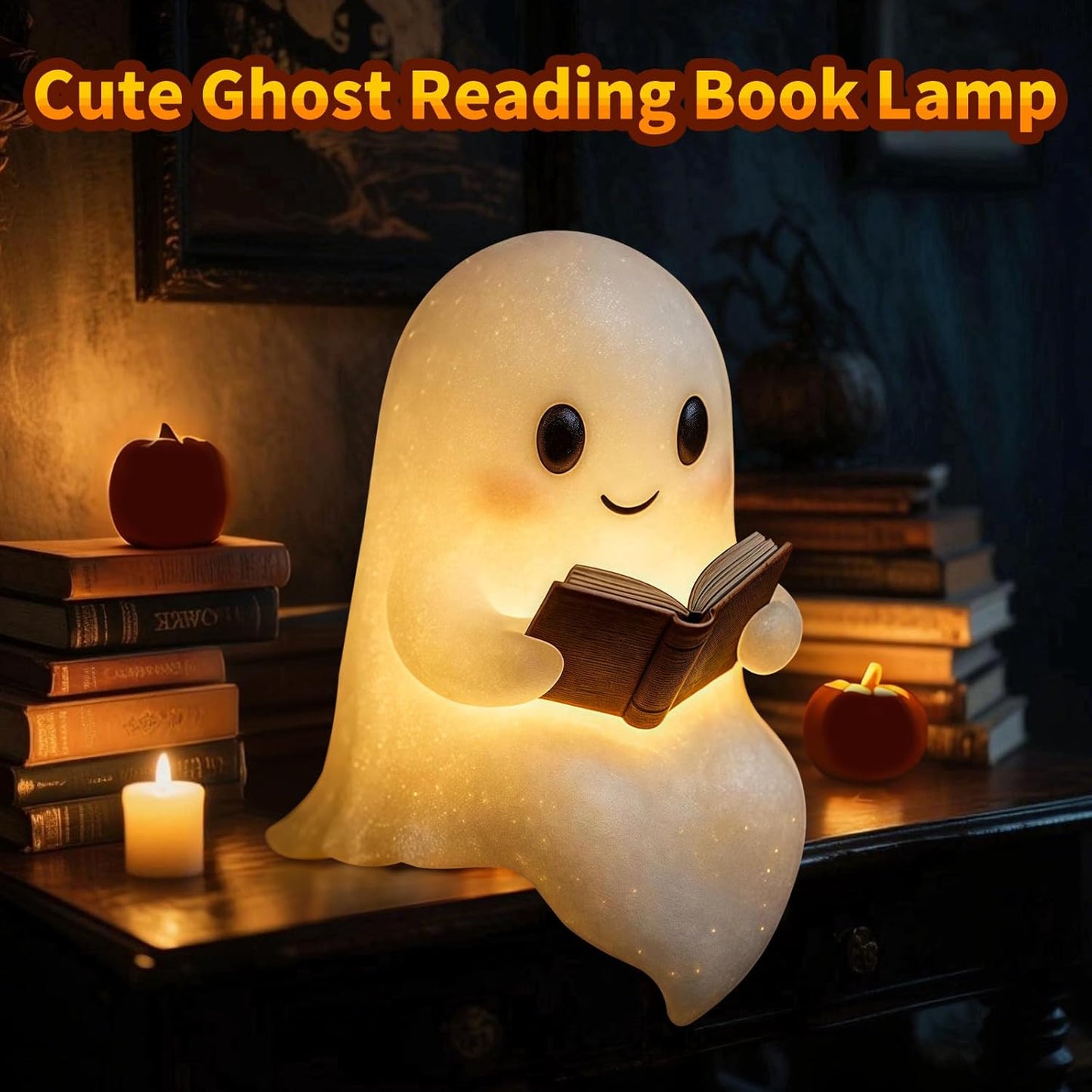 Halloween Ghost Reading Book Lamp, Funny Ghost Figurine Statue, Halloween Decoration