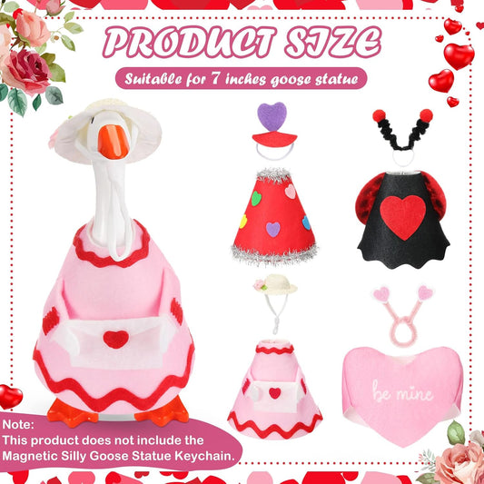 4 Sets Valentine's Day Mini Desk Goose Outfit 7 Inch Magnetic Silly Goose Statue Key Holder Red and Pink Romantic Valentine Clothes for Magnetic Duck Statue Table Desk Key Holder Decor