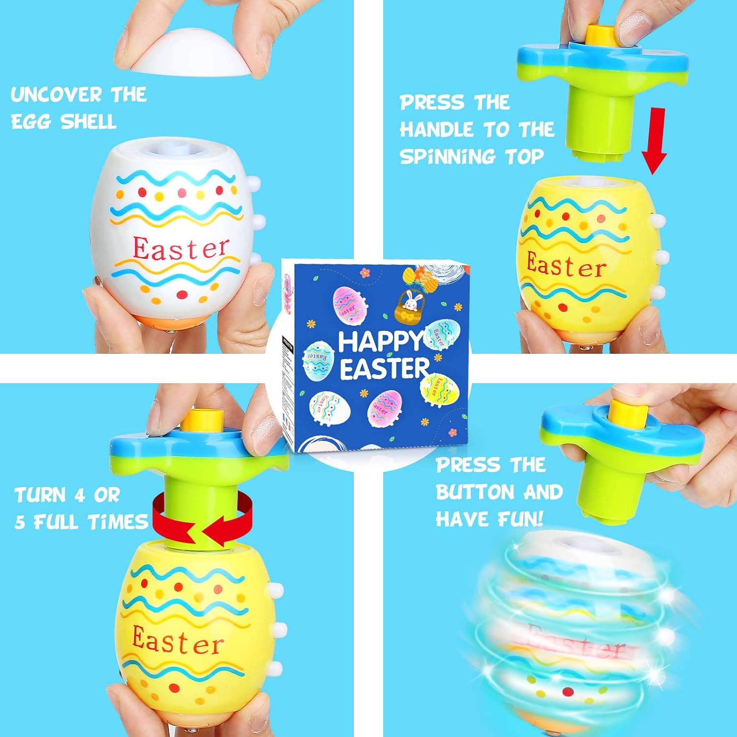 Light Up Easter Eggs Toy Gifts for Kids, 6 Easter Egg Spinning Tops with Flash & Music