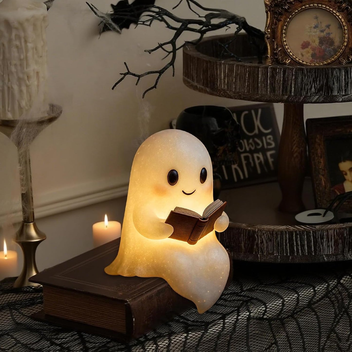 Halloween Ghost Reading Book Lamp, Funny Ghost Figurine Statue, Halloween Decoration