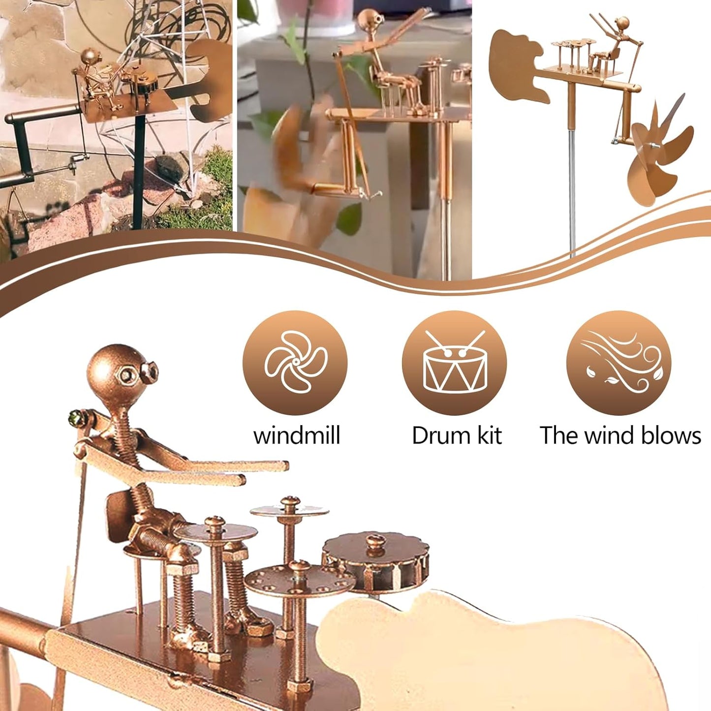 Garden Rock Band Windmill, Handmade Metal Rock Band Windmill, Percussionist Music Figurines & Statues