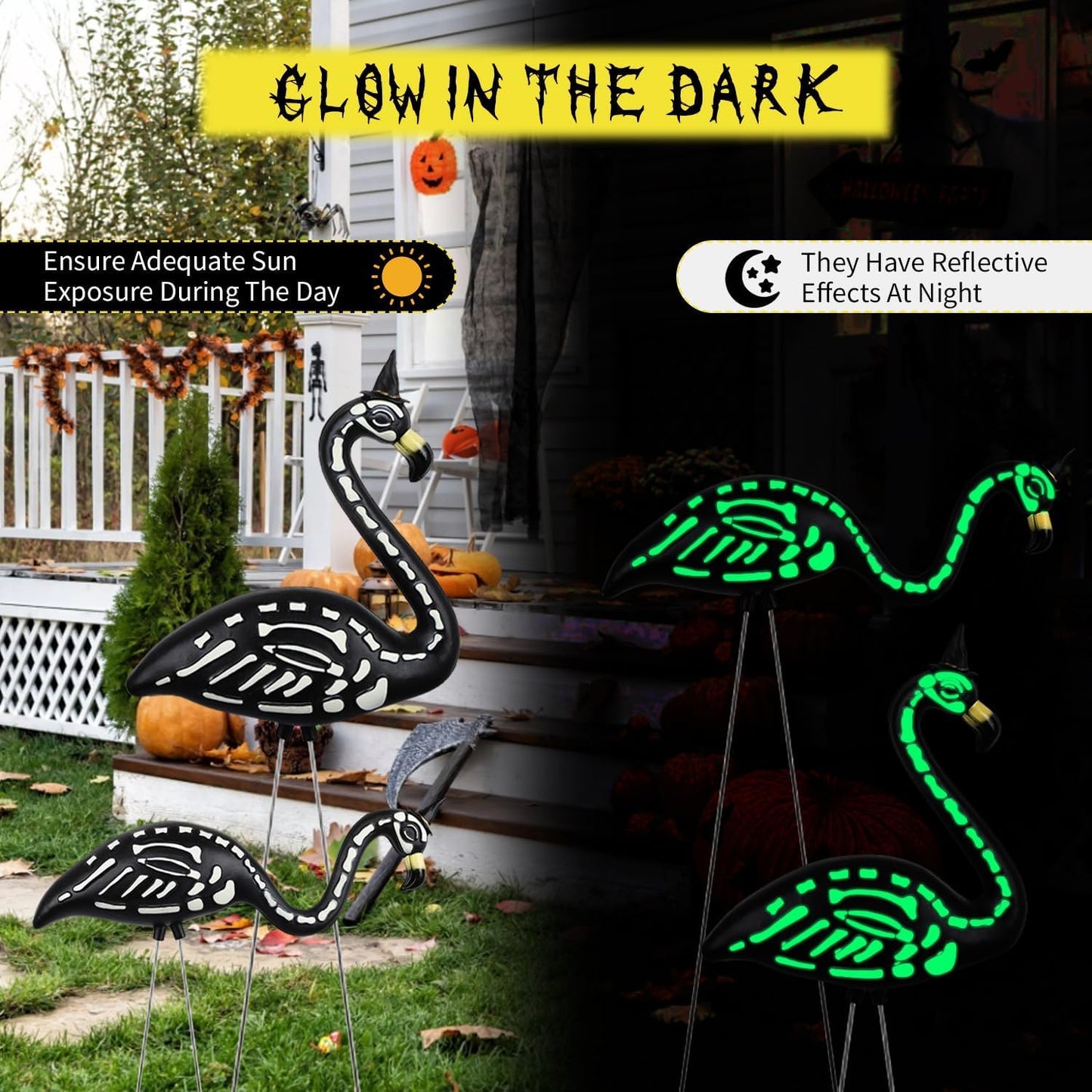 Halloween Decorations 2 Pack Black Flamingo Skeleton,Skeleton Flamingo Glow in The Dark, Zombie Flamingos
