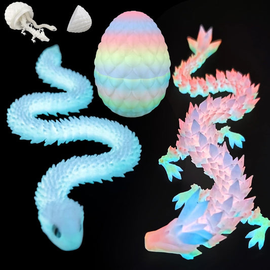 3D Printed Snake Dragon Toys, Flexible 3D Printed Animal Glow in The Dark, Perfect Desk Pet for Animal Collectors, Easter Basket Essentials for Kids, Articulated Crystal Dragon Fidget Toy for Kid Boy
