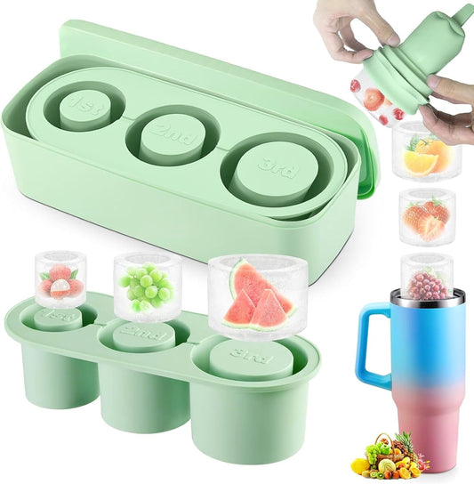 Ice Cube Tray for Stanley Cup, Ice Molds for Freezer 30-40 oz Ice Maker, 3 Sizes Silicone Ice Tray with Lid and Bin