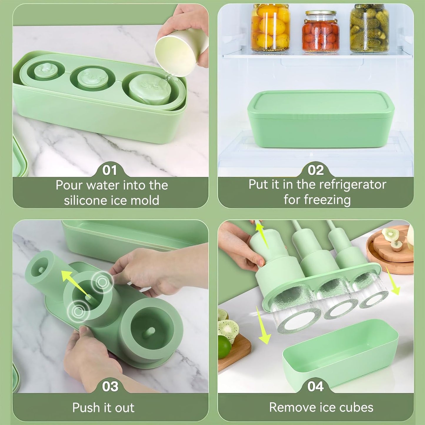 Ice Cube Tray for Stanley Cup, Ice Molds for Freezer 30-40 oz Ice Maker, 3 Sizes Silicone Ice Tray with Lid and Bin