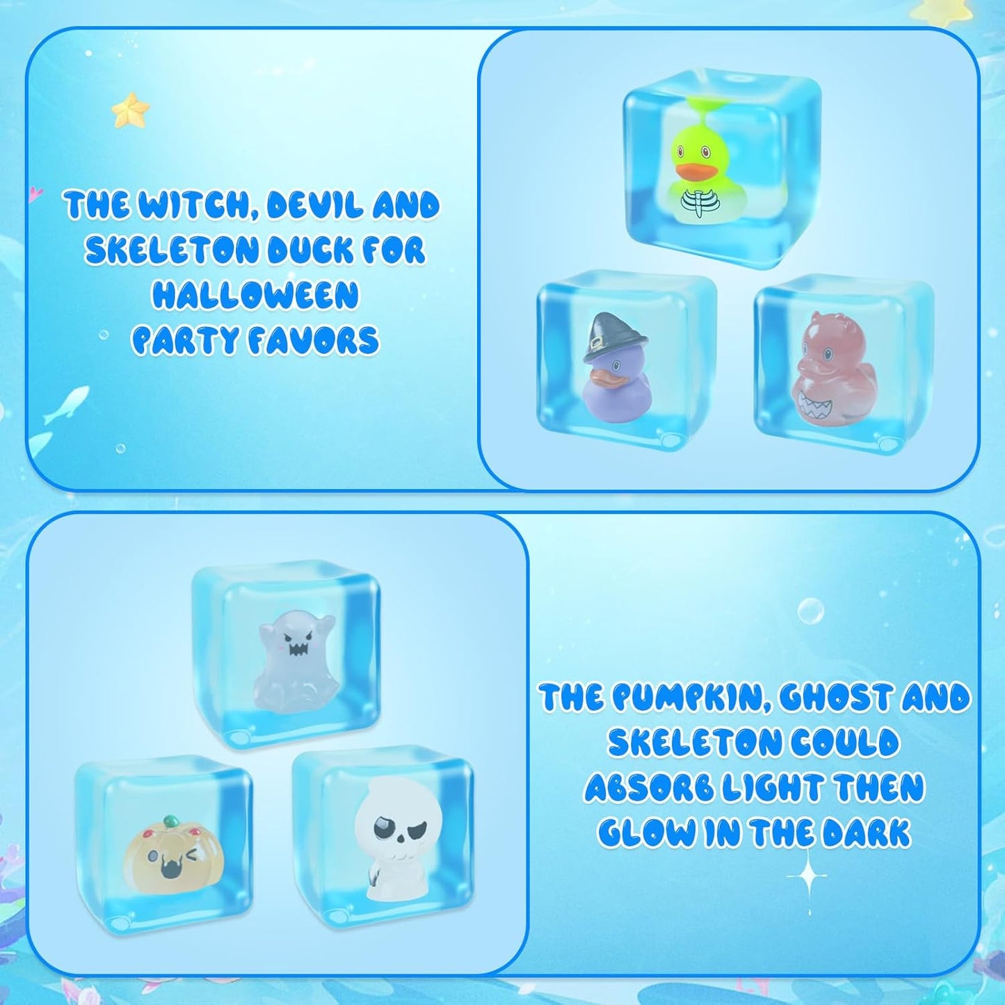 6Pcs Halloween Glow-in-The-Dark Stress Cube Fidget Toys with Resin Duck, Ghost, Pumpkin and Skeleton, Slow Rebound Sensory Toys Stress Balls for Audlts, Halloween Party Favors