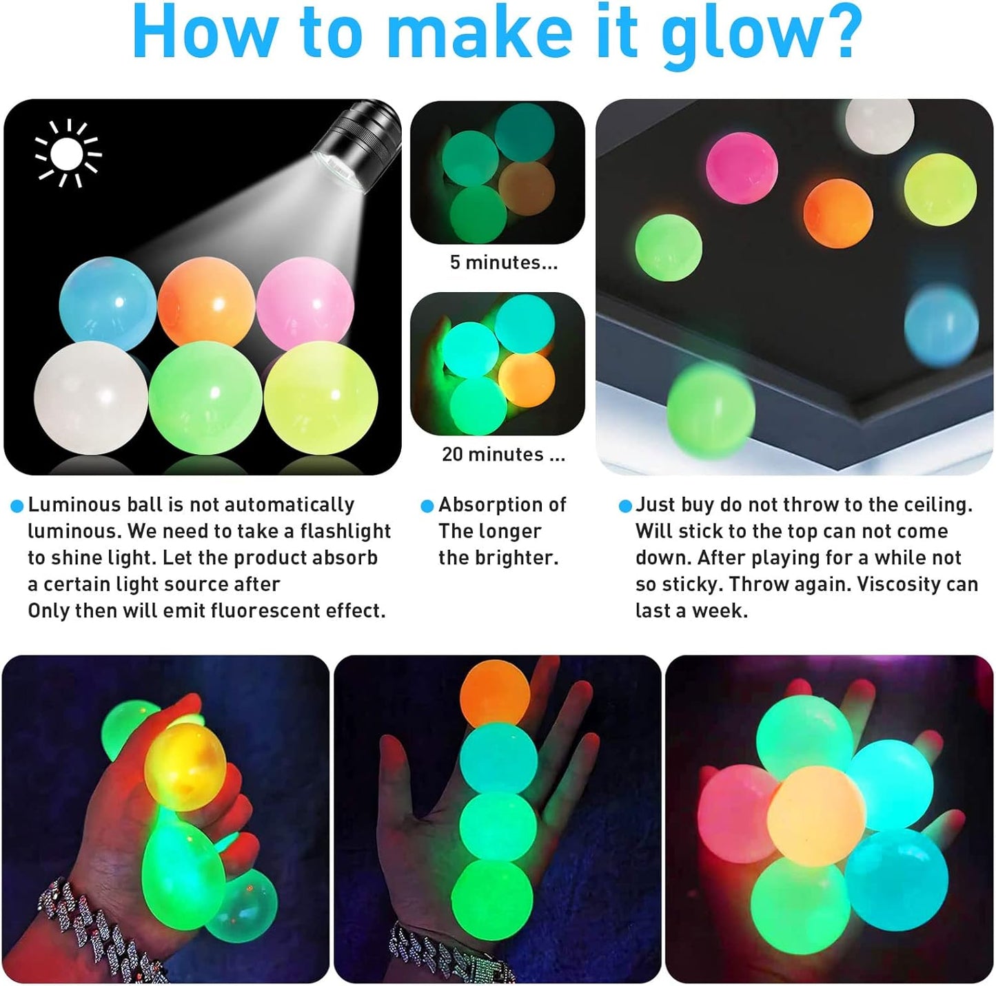 4 Pcs Glowing Sticky Balls, Stress Relieving Glow in The Dark Toys Stick to The Ceiling, Fun Decompression Fidget Toy for Kids and Adults Anxiety Pressure
