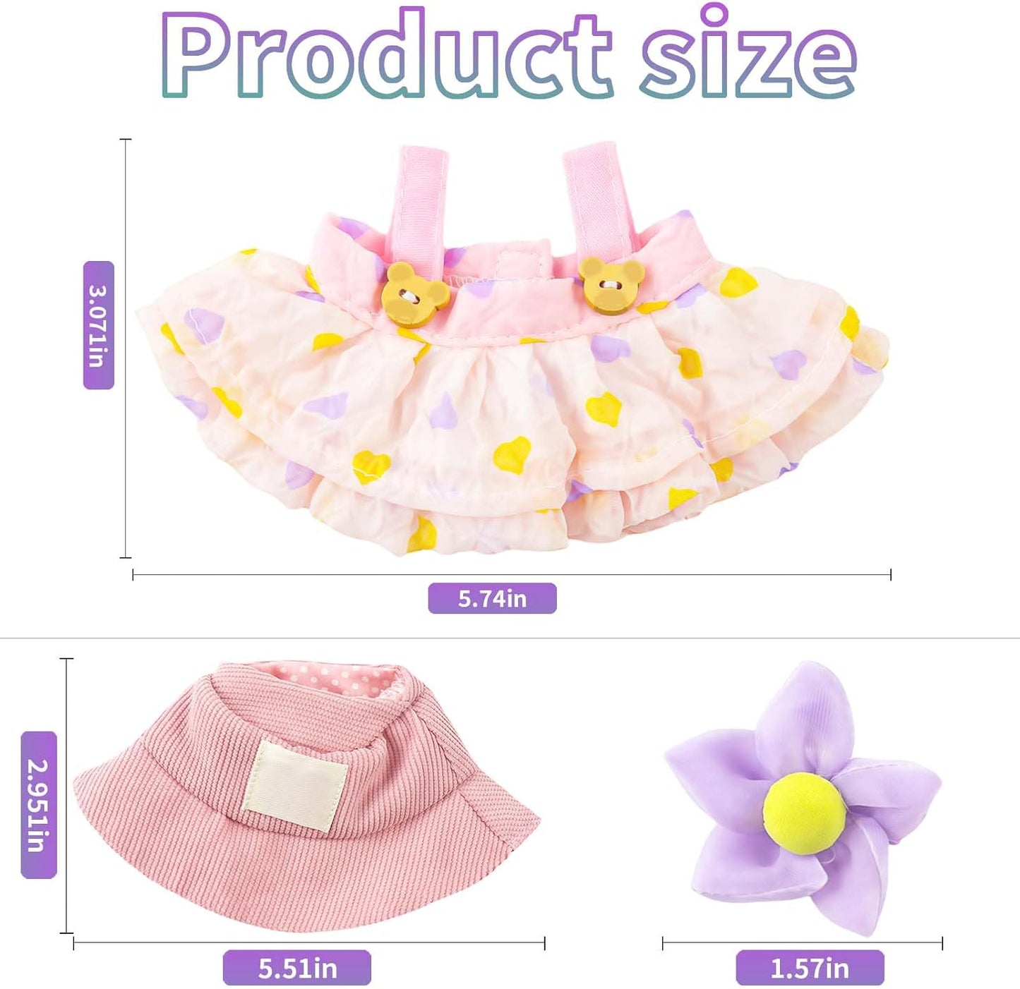 Pink Doll Clothes Compatible with 15cm & 17cm, 3 Piece Set Fashion Hat Skirt Flower Outfit Premium Cute Dress