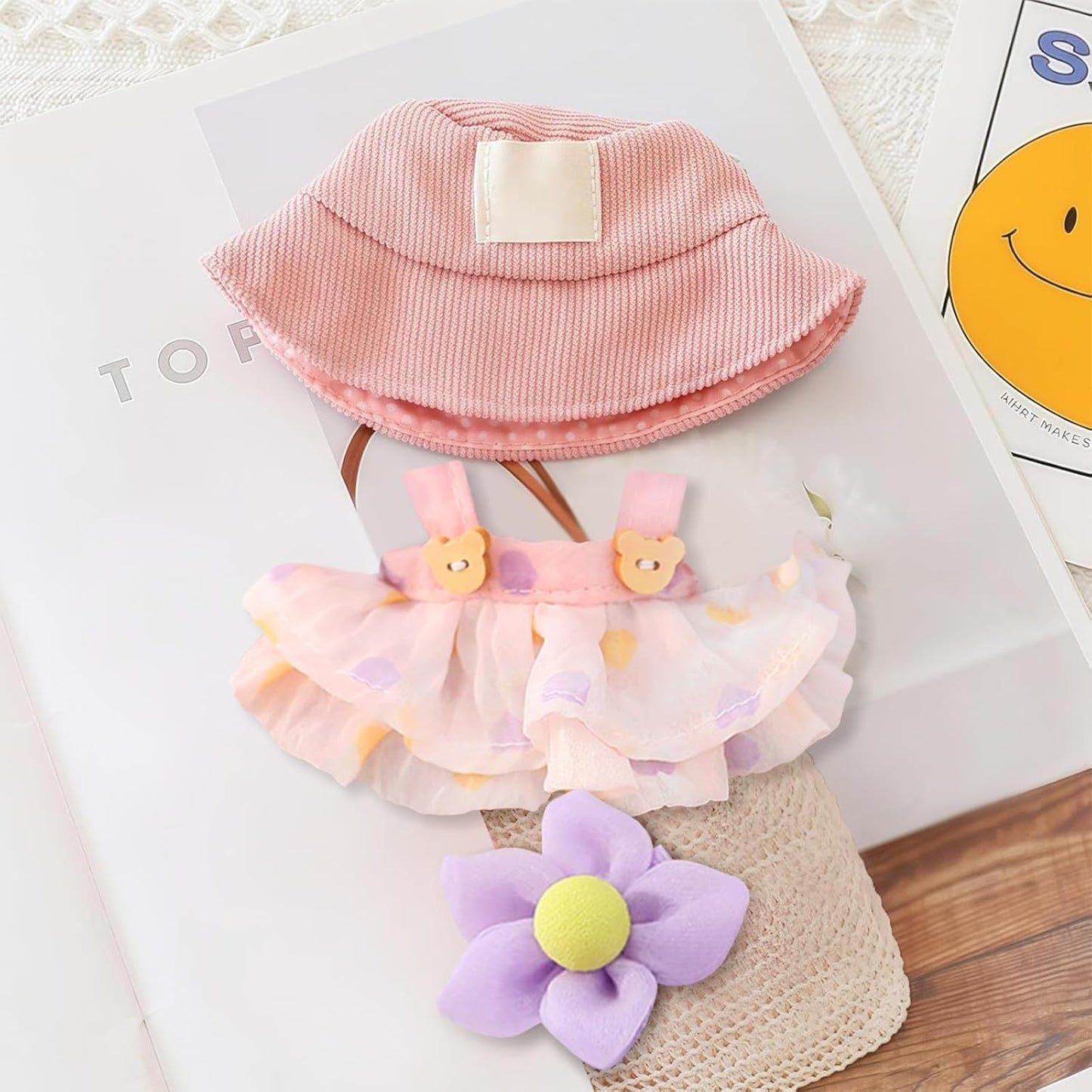 Pink Doll Clothes Compatible with 15cm & 17cm, 3 Piece Set Fashion Hat Skirt Flower Outfit Premium Cute Dress