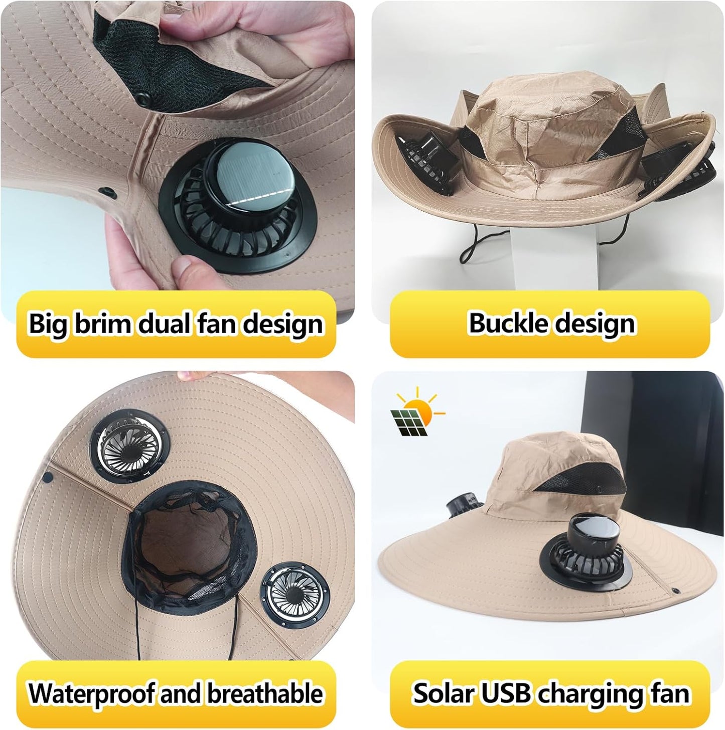 Solar Fan Hat, Wide Hat with 2 Solar Fan, Sun Hats for Men Women, Outdoor Hiking Camping