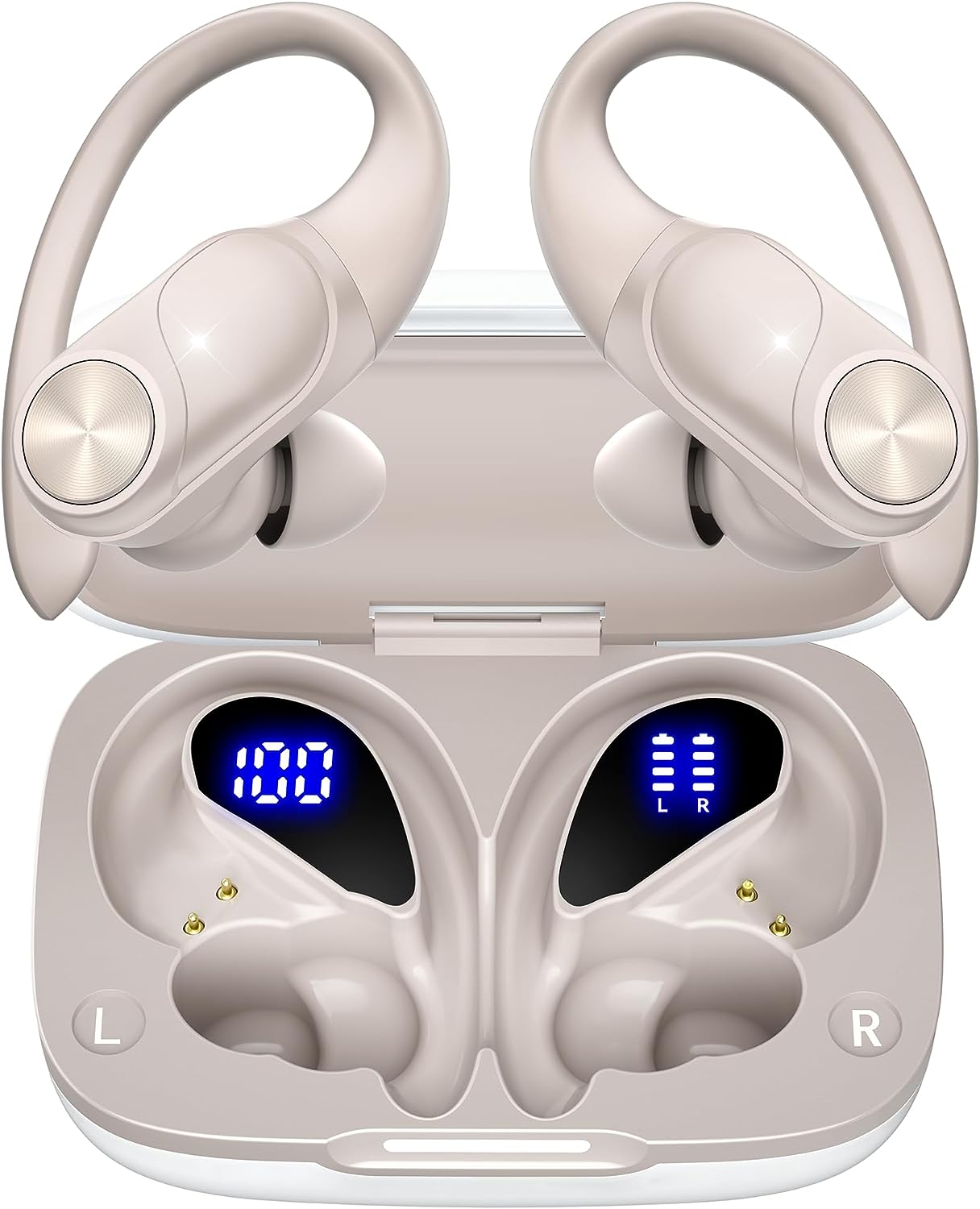 Bluetooth Headphones Wireless Earbuds 80hrs Playtime Wireless Charging Case Digital Display Sports Ear buds with Earhook Premium Deep Bass IPX7 Waterproof Over-Ear Earphones for TV Phone Laptop Black