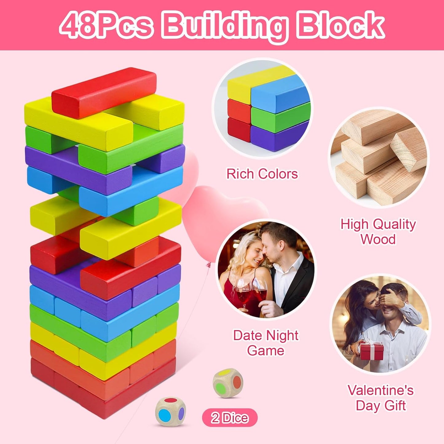 48Pcs Super Naughty Block Tower Game, Valentine Tumbling Tower Stacking Blocks Game, Couples Games