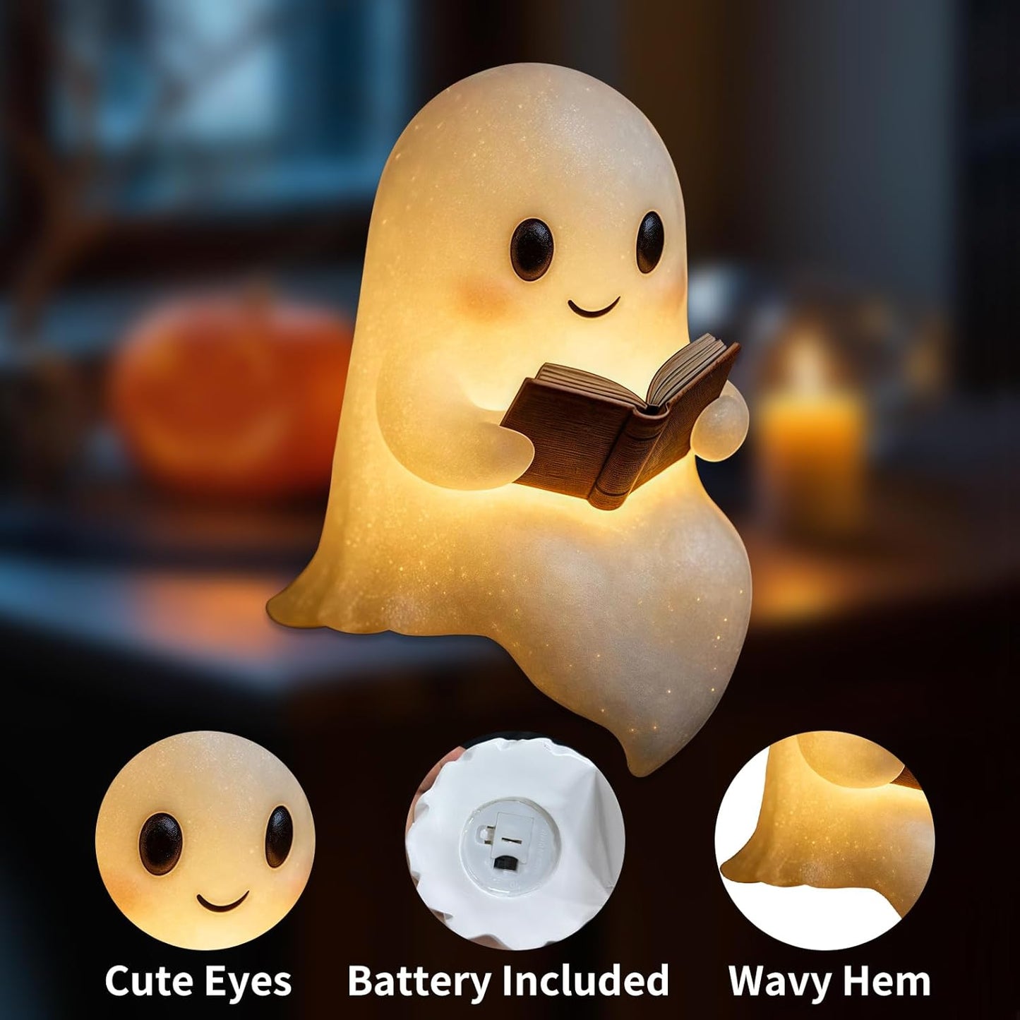 Halloween Ghost Reading Book Lamp, Funny Ghost Figurine Statue, Halloween Decoration