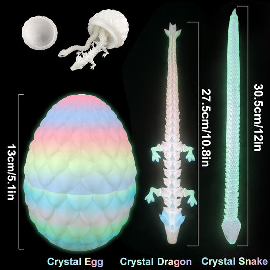 3D Printed Snake Dragon Toys, Flexible 3D Printed Animal Glow in The Dark, Perfect Desk Pet for Animal Collectors, Easter Basket Essentials for Kids, Articulated Crystal Dragon Fidget Toy for Kid Boy