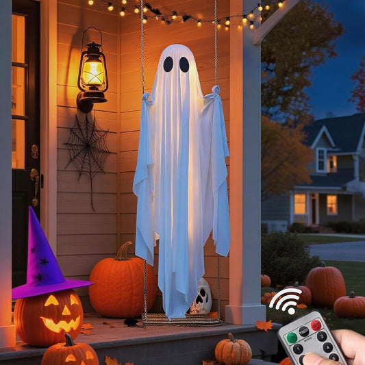 Halloween Decorations Outdoor, 5FT Large Hanging Ghost Swing with Remote Control String Lights