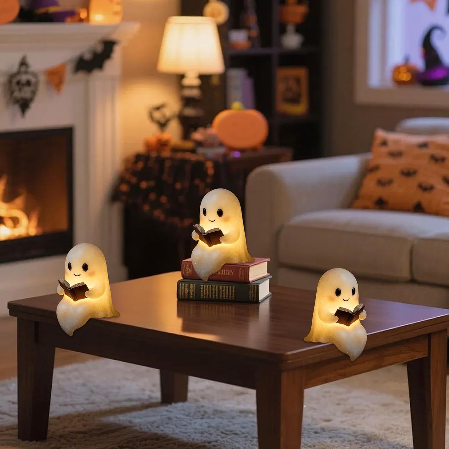 Halloween Ghost Reading Book Lamp, Funny Ghost Figurine Statue, Halloween Decoration