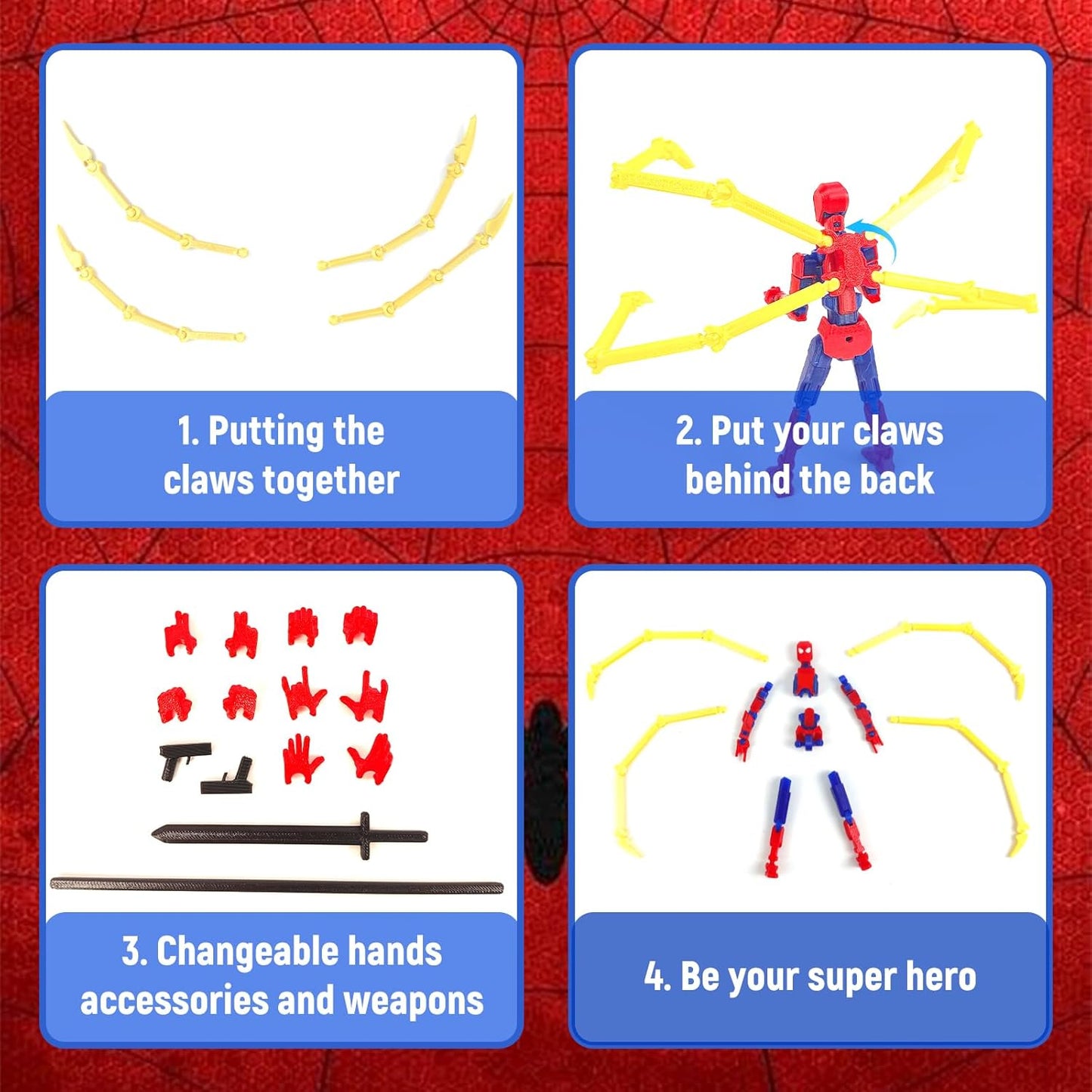 (Assembly Completed) Action Figure, 3D Printed Robot Action Figure Spider Guy Multi-Jointed Movable with Changeable Claws and Hands, Super Hero Action Figures for Boys Desktop Decorations