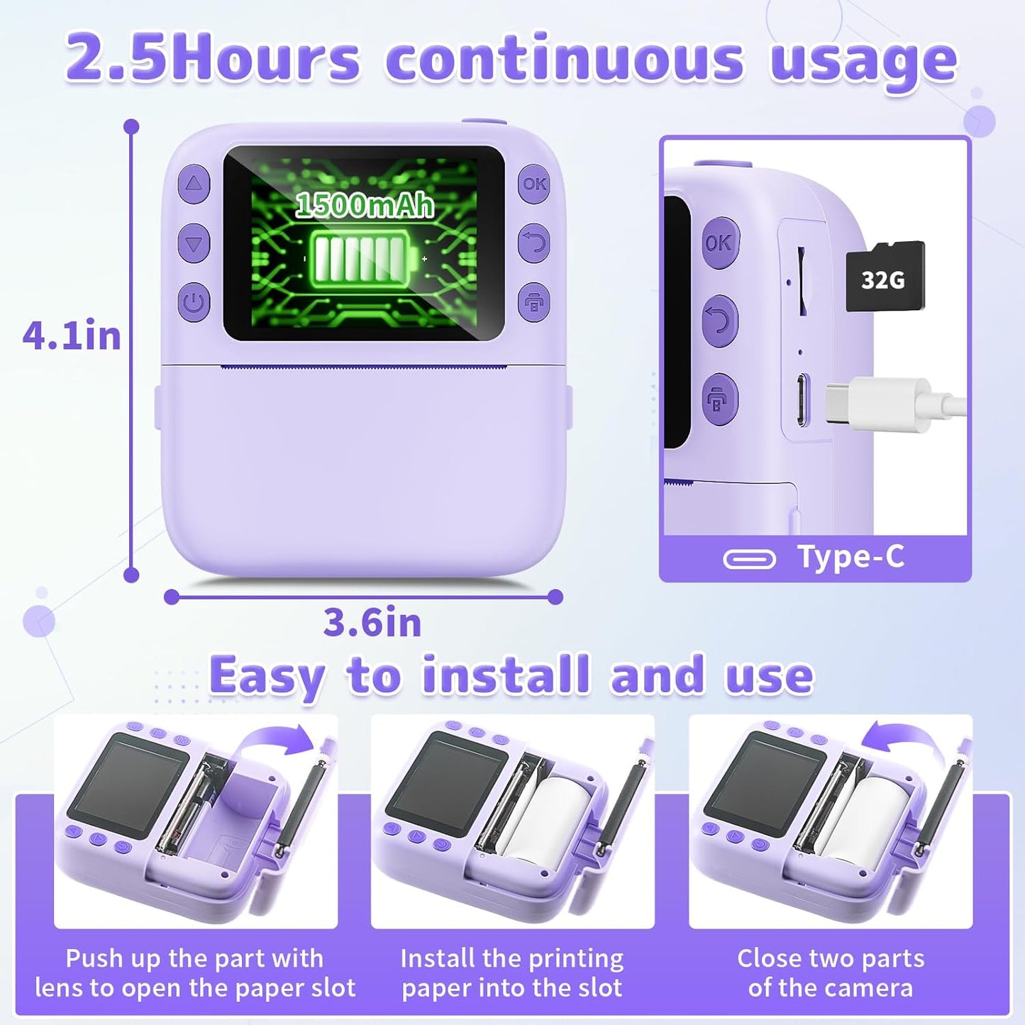 Instant Print Camera for Kids, Christmas Birthday Gifts for Girls Boys, 1080P Instant Digital Print Cameras for Toddler,Portable Toy