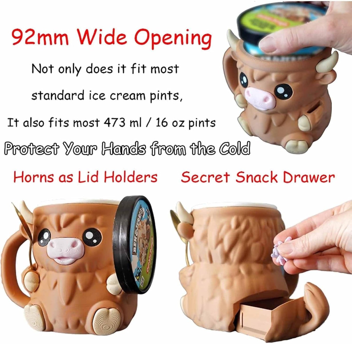 Highland Cow Ice Pint Holder, Cute Ice Cream Pint, 3D Printed Reusable Popsicle Containers, Dessert Cup, Beer Can Holders, With Antifreeze Handle and Two Spoons, Gift for Cream Lovers(Brown