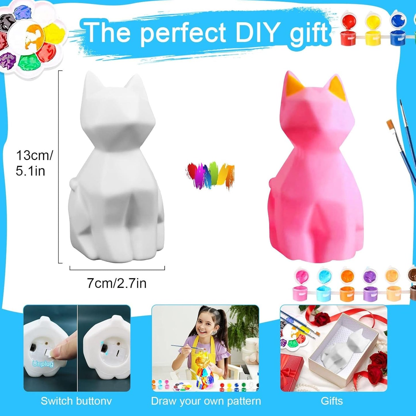 Paint Your Own Cat Lamp Art Kit, DIY Geometric Cat Lamp Night Light, Animals Toys Night Light