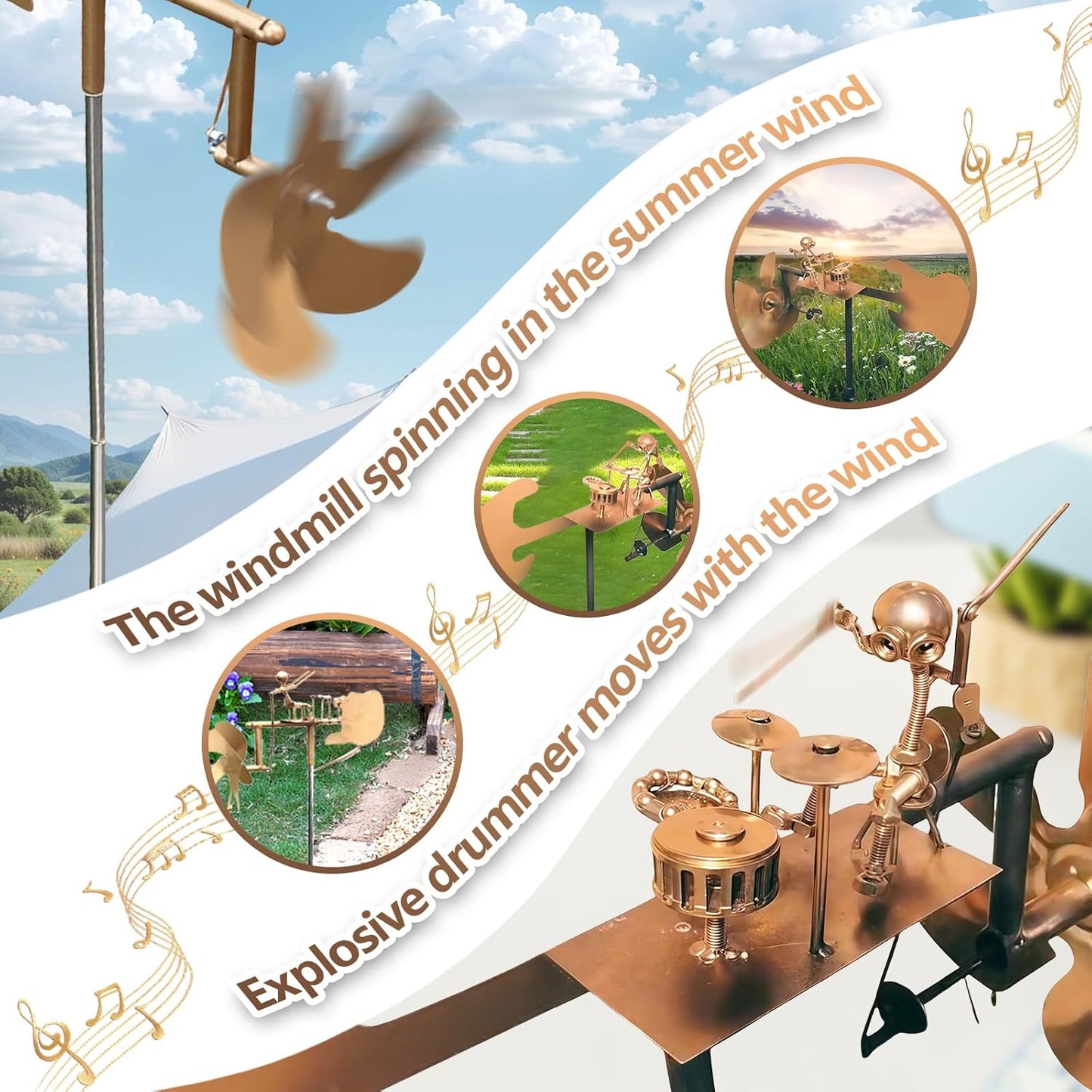 Garden Rock Band Windmill, Handmade Metal Rock Band Windmill, Percussionist Music Figurines & Statues