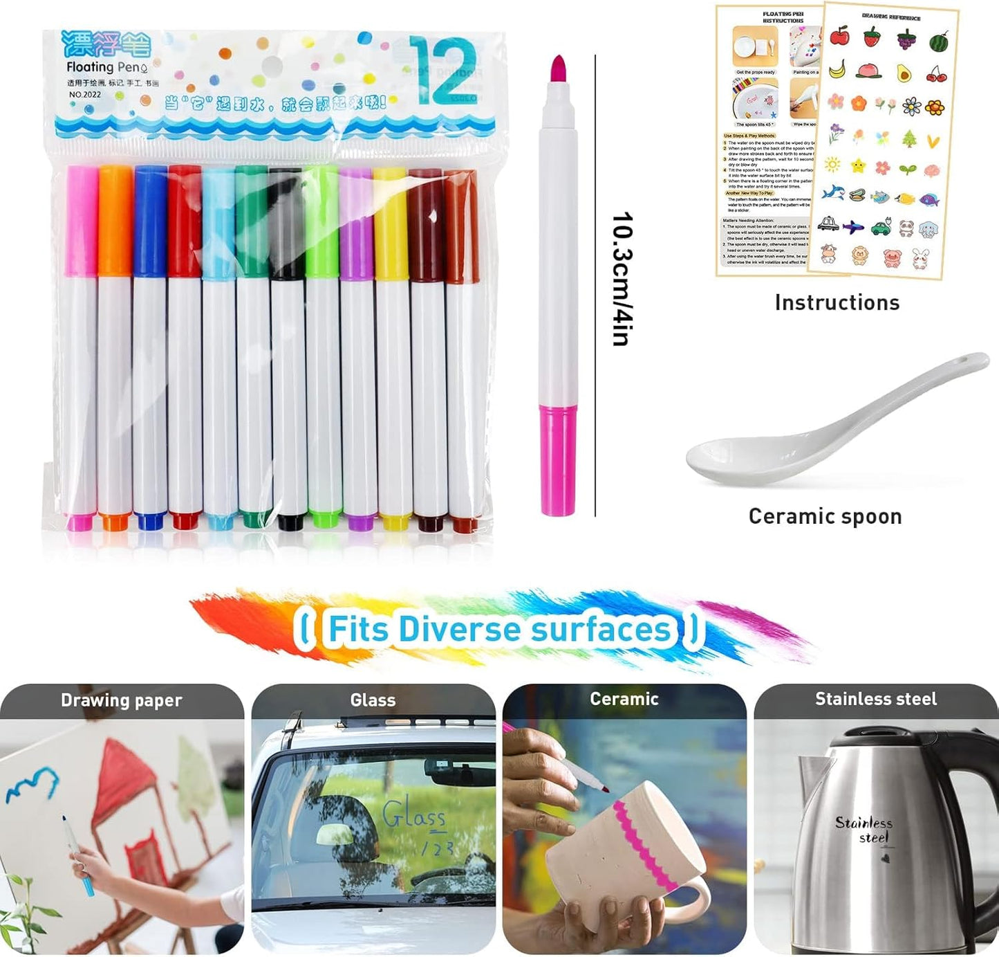 QETRABONE Magical Water Painting Pen-12 Colors Double Ended, Erasing Whiteboard Marker, Doodle Water Floating Pens