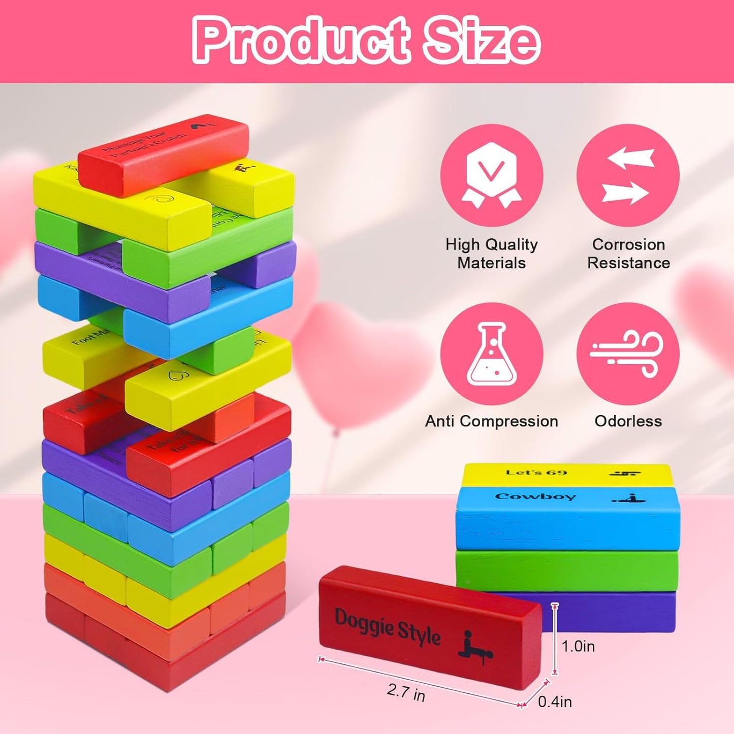 48Pcs Super Naughty Block Tower Game, Valentine Tumbling Tower Stacking Blocks Game, Couples Games