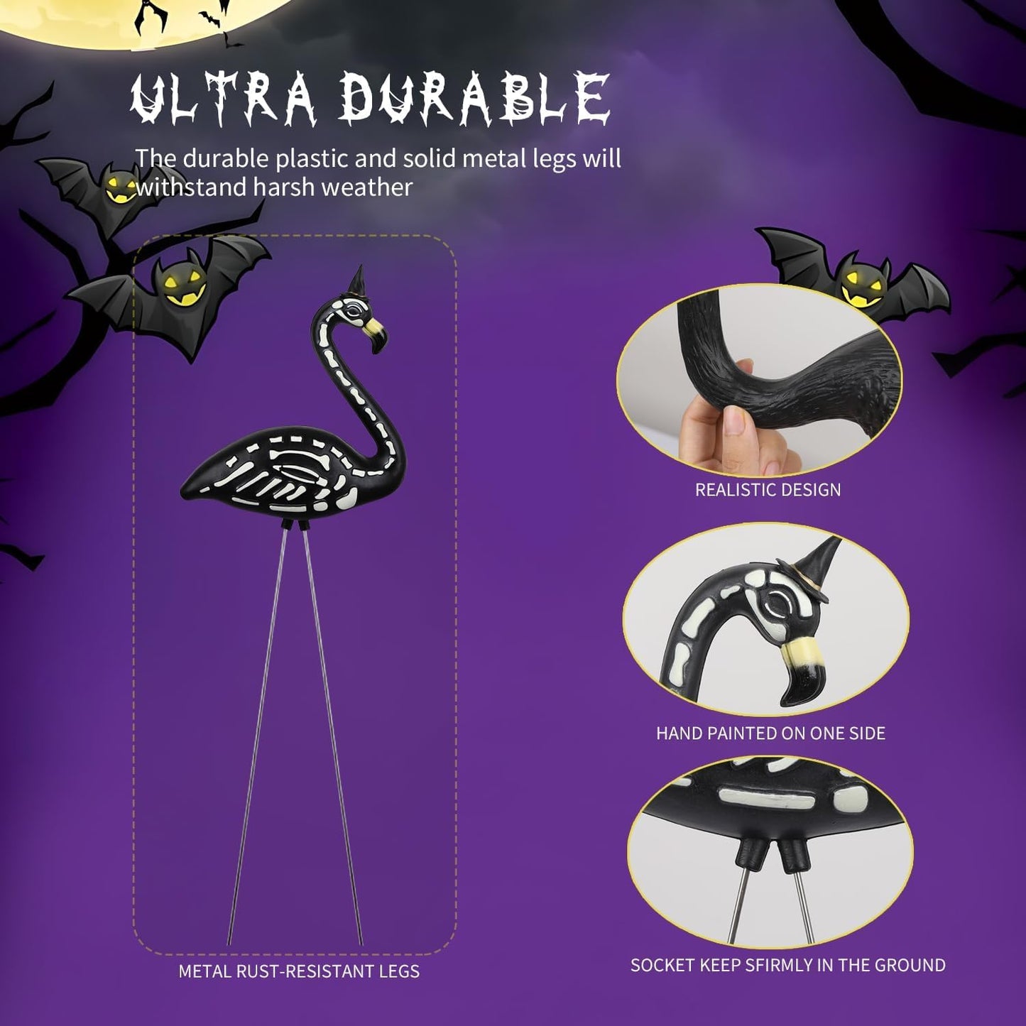 Halloween Decorations 2 Pack Black Flamingo Skeleton,Skeleton Flamingo Glow in The Dark, Zombie Flamingos