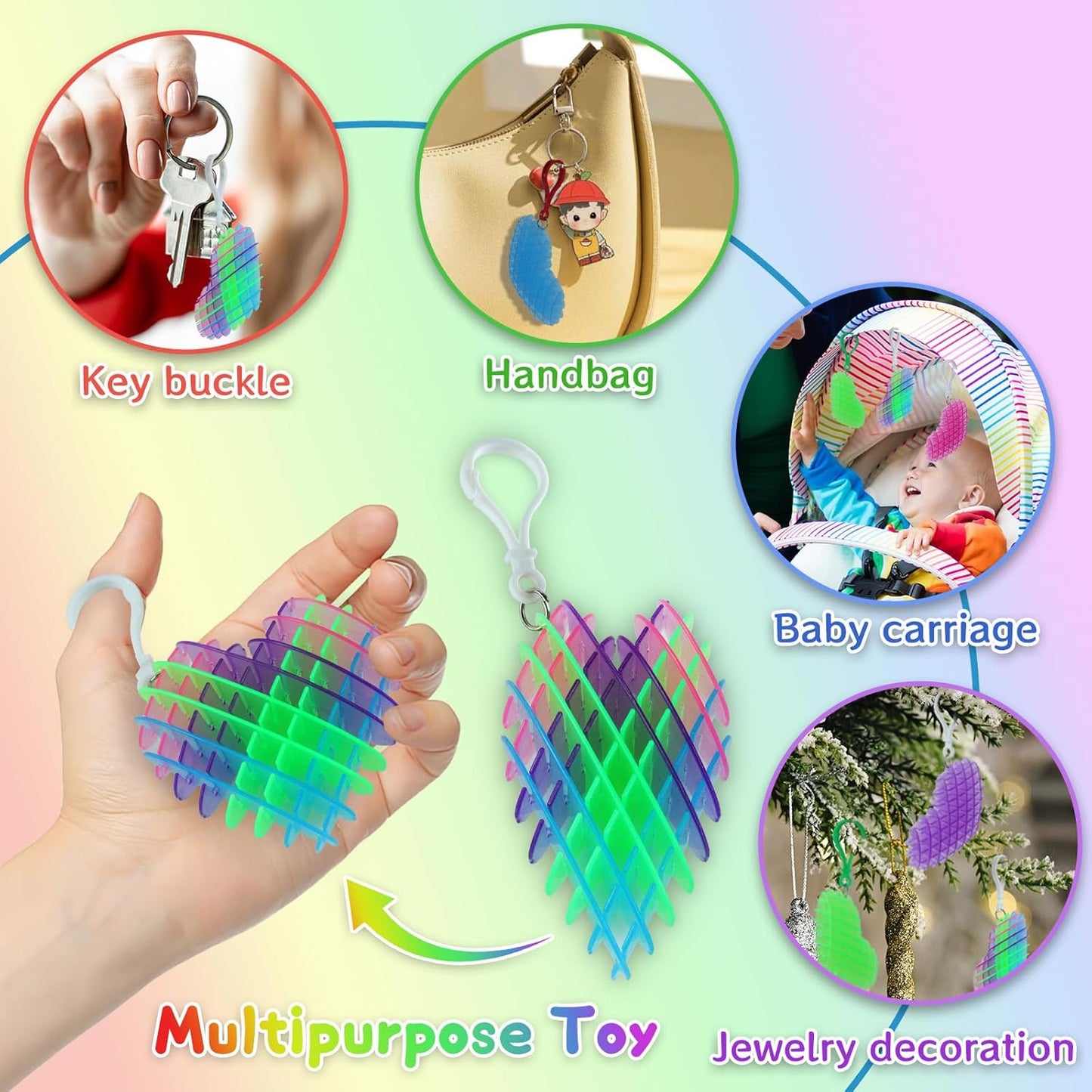 12Pcs Fidget Worm Toy, Heart Fidget Worm Keychain, 3D Printing Elastic Worm Fidget Toys for Adults Kids