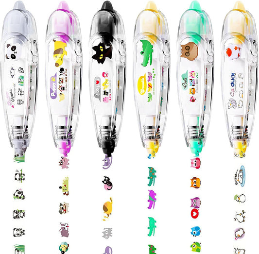 6Pcs Decorative Tape Pen, Cute Animals Press Type Decorative Pen Tape Roller DIY Cartoon Correction Tape
