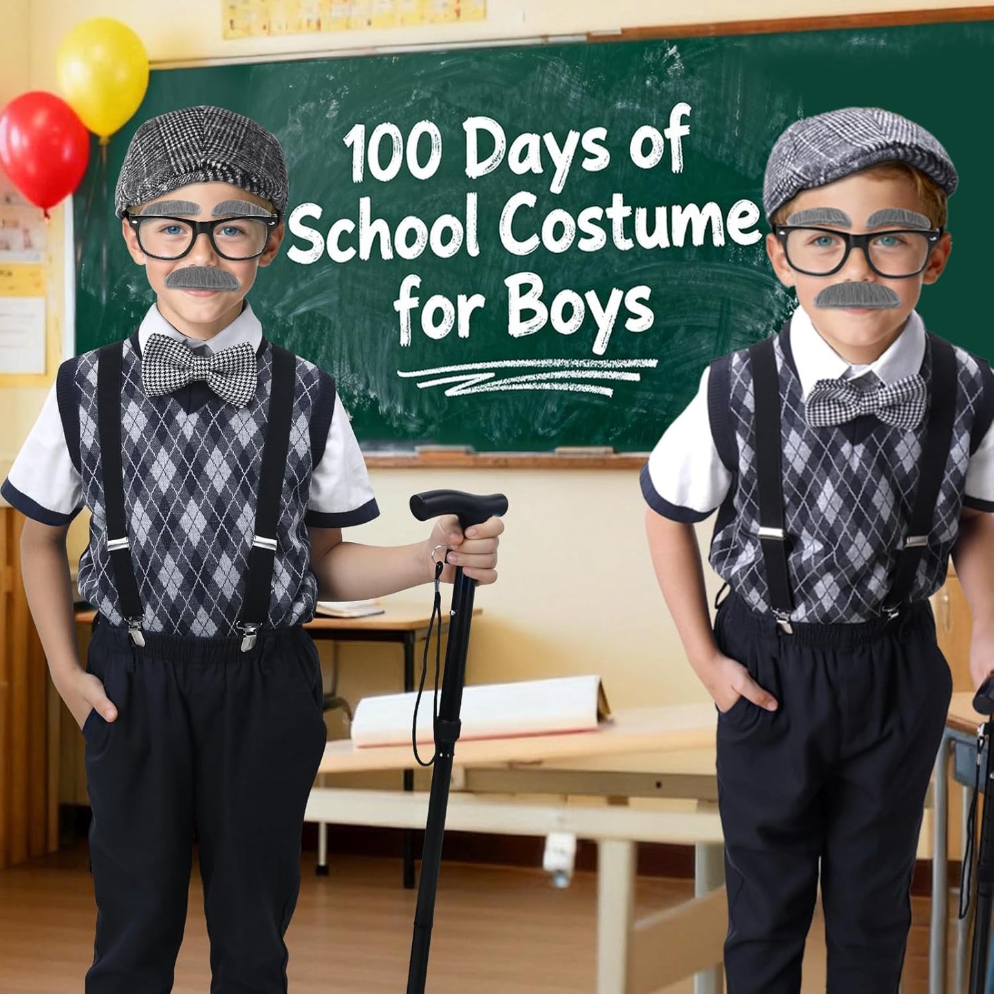 100 Days of School Costume for Boys,Old Man Costume for Kids Grandpa Vest Accessories Set