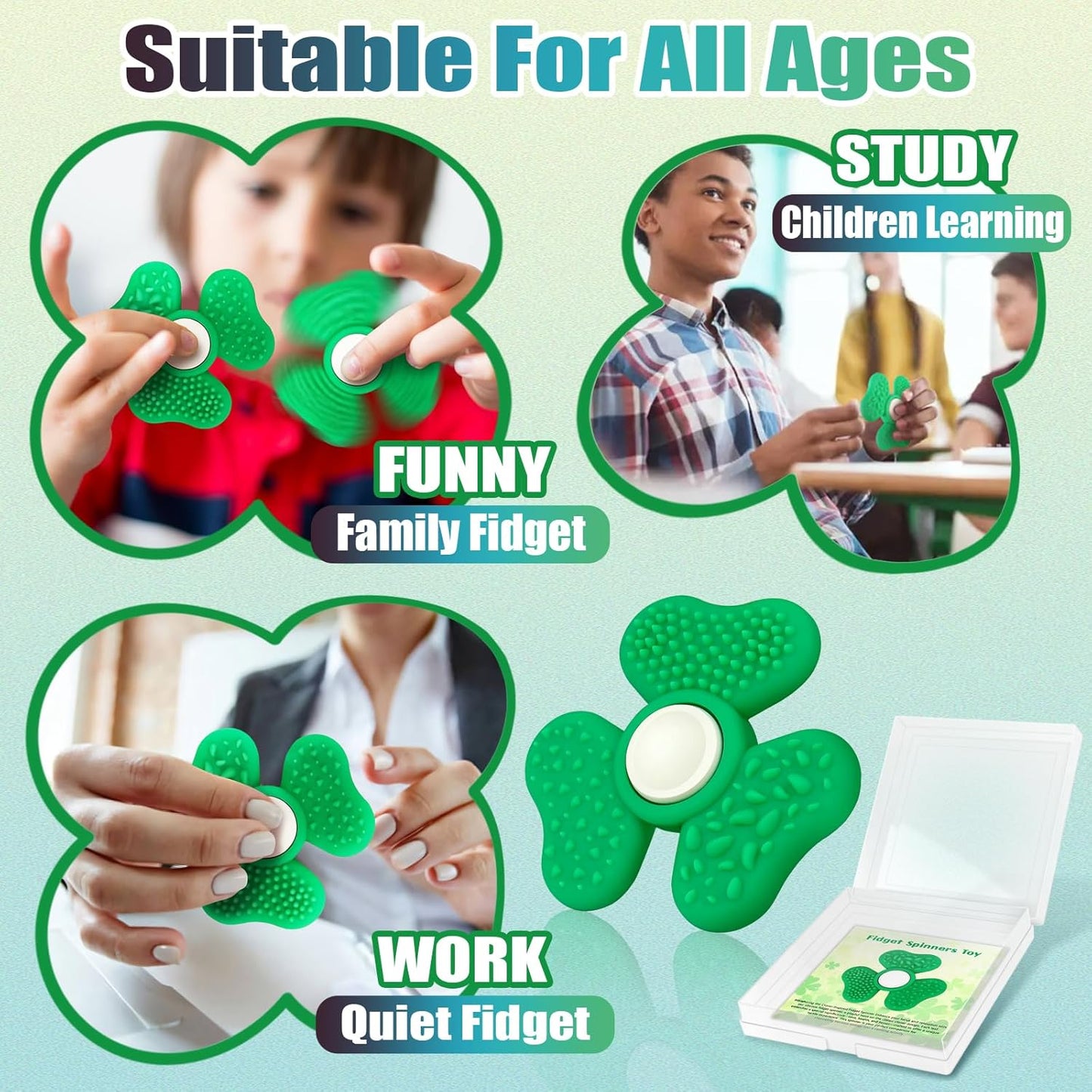 Fidget Spinners for Kids, Trefoil Fidget Toys Adults Sensory Stone, Green Textured Worry Stone Boys Girls, Office Desk Sensory Toy Halloween Party Classroom Prize Gifts