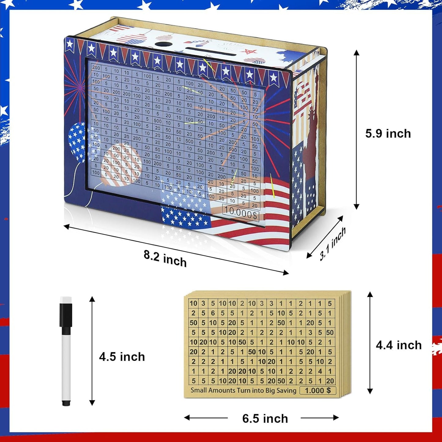 10000 Savings Challenge Box, Money Saving Box, Piggy Bank for Adults Kids, Wooden Cash Box