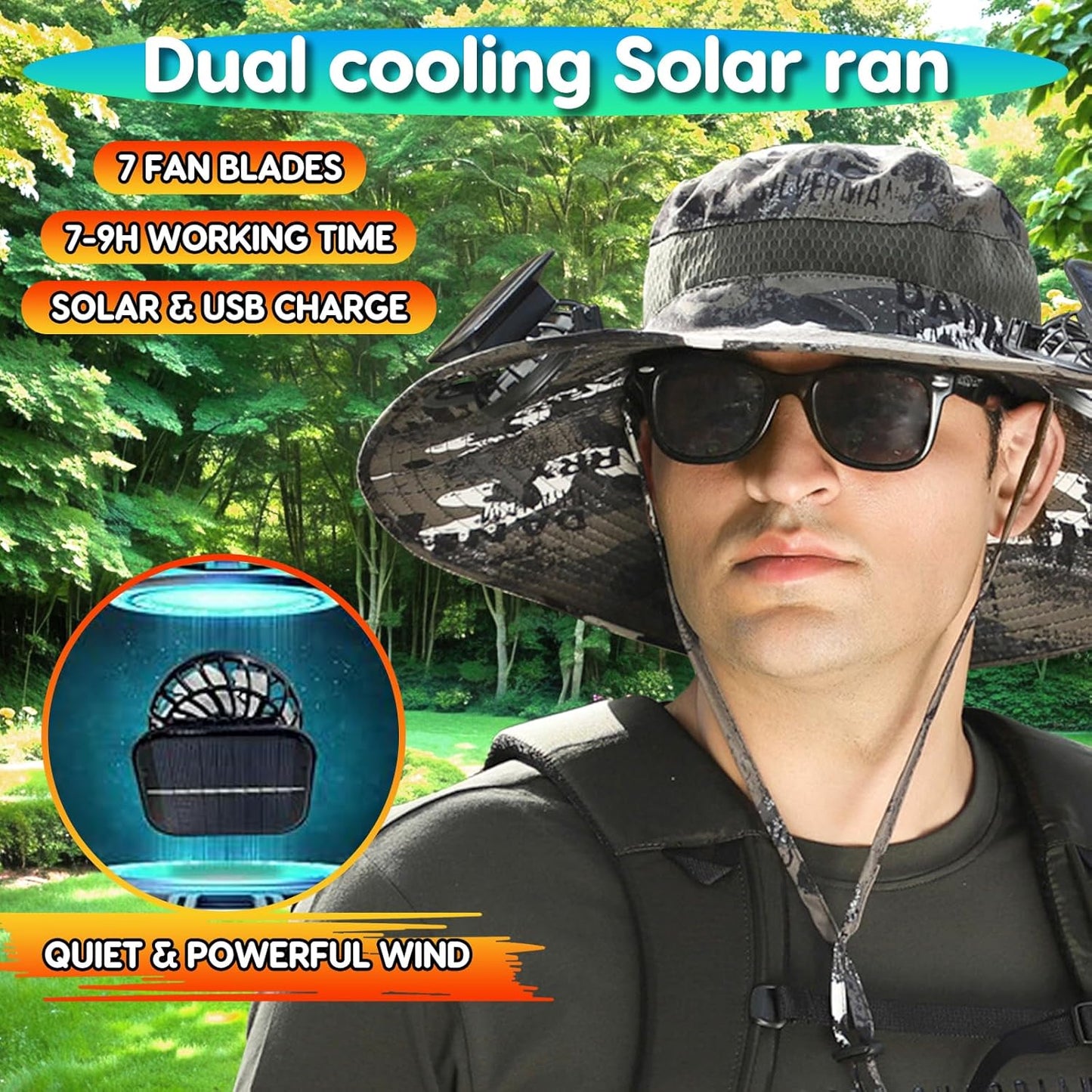 Solar Fan Hat, Wide Hat with 2 Solar Fan, Outdoor Beach Hiking Camping Fishing Hats for Men Women