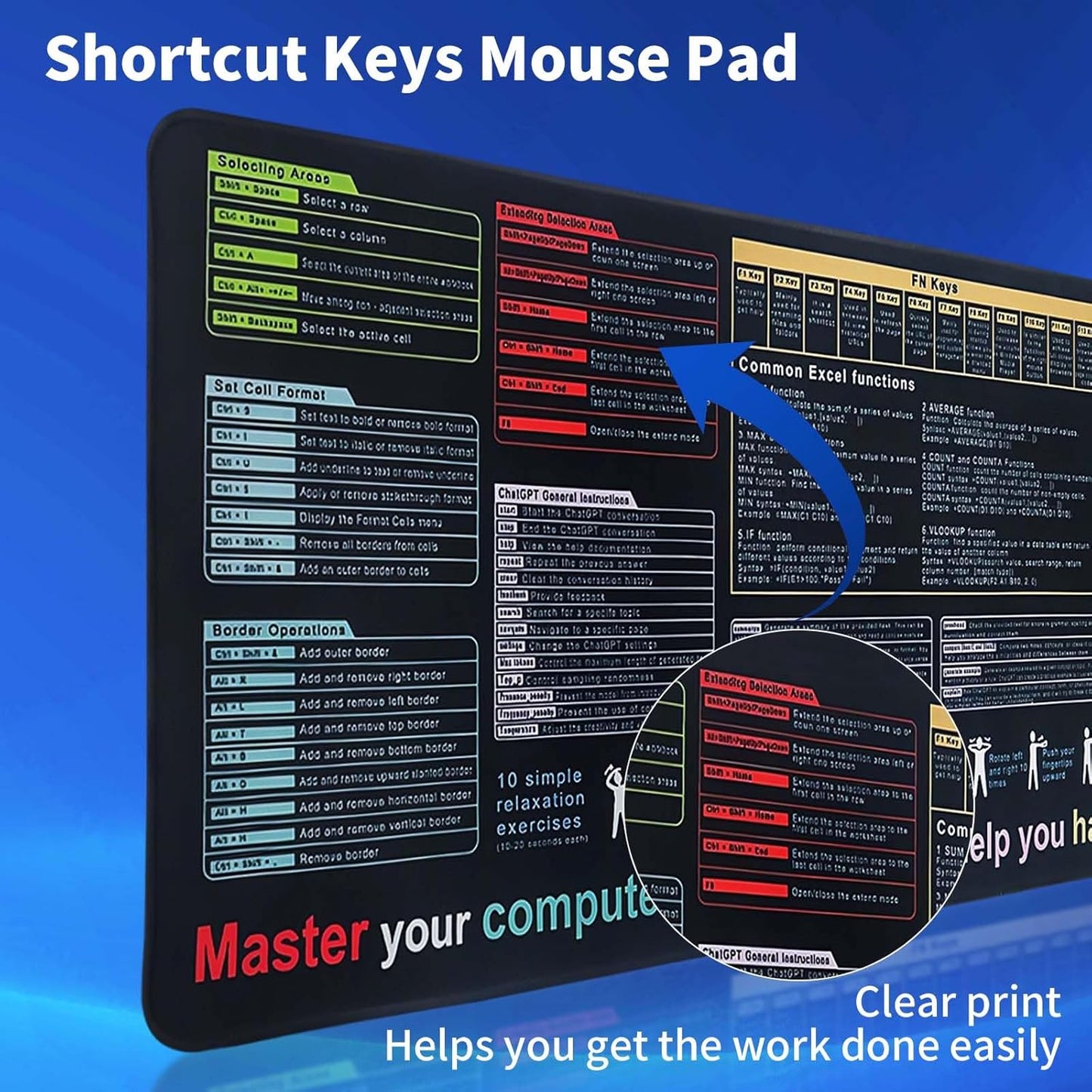 Waterproof Shortcuts Mouse Pad, Office Mouse Pad Top 10 Functional Modules and Frequently Used Functions
