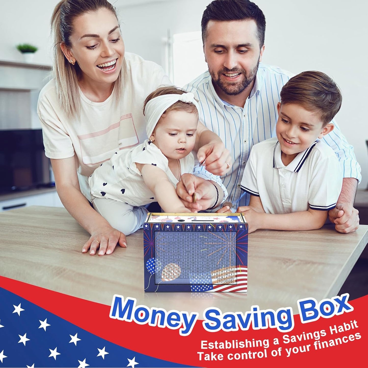 10000 Savings Challenge Box, Money Saving Box, Piggy Bank for Adults Kids, Wooden Cash Box