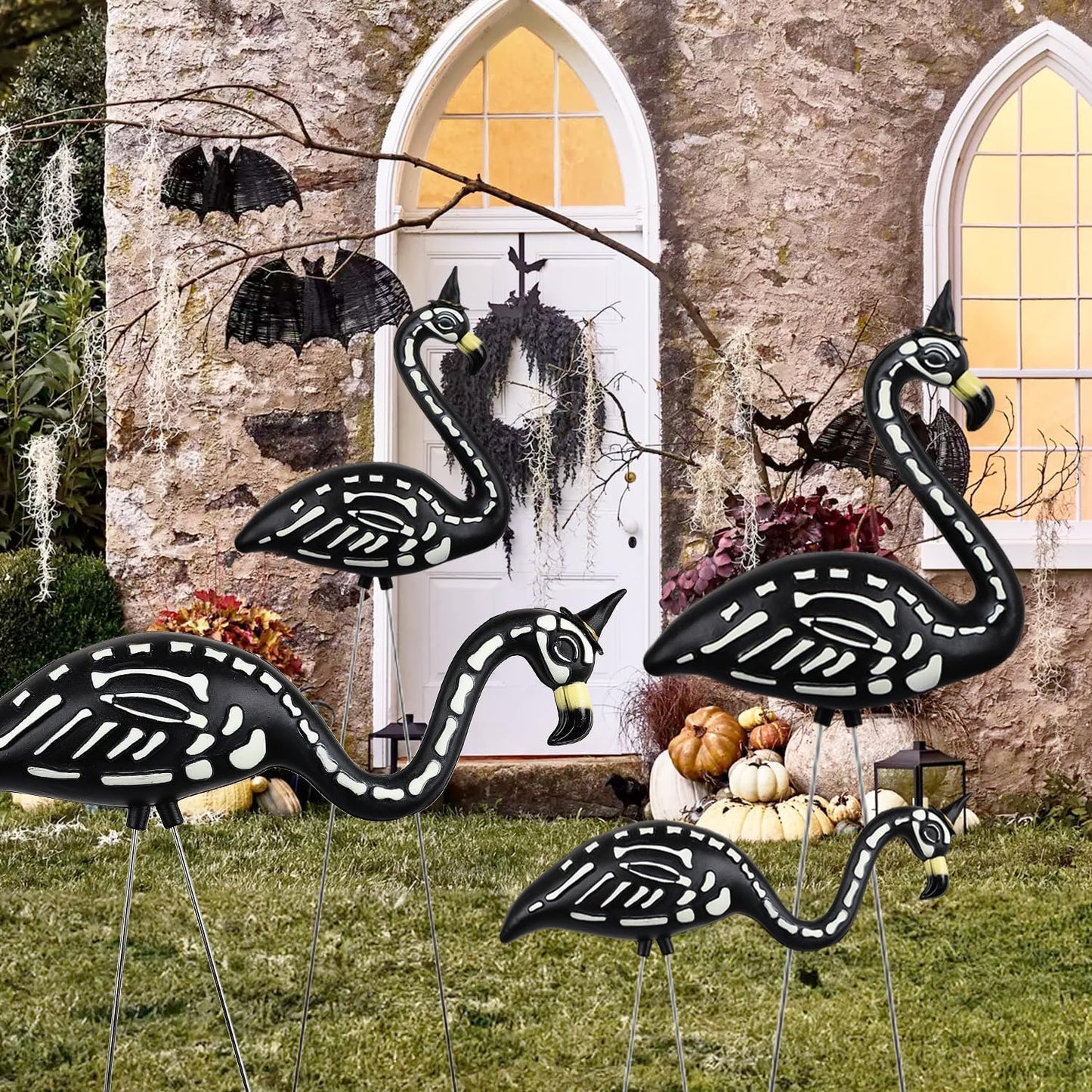 Halloween Decorations 2 Pack Black Flamingo Skeleton,Skeleton Flamingo Glow in The Dark, Zombie Flamingos