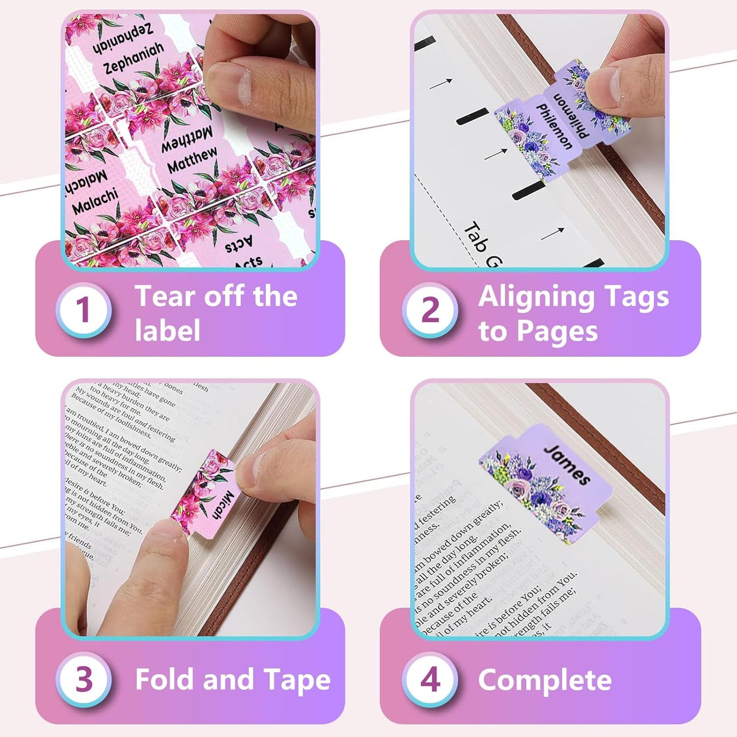 Laminated Bible Tabs, 160 Tabs Large Flowers Print Stickers Dividers Tabs for Women Men