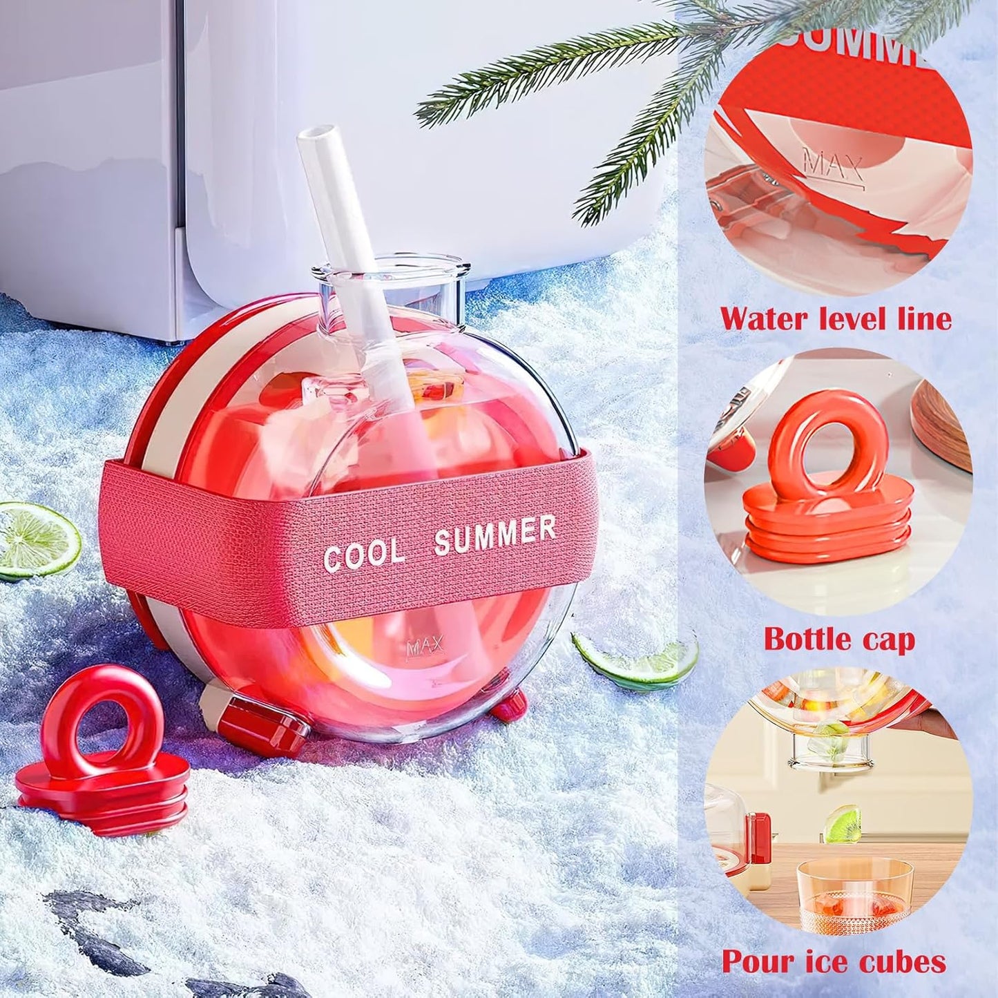 Ice Cube Bottle, 2 in 1 Zero Touch Press Ice Cube Mold Water Bottle with Straw, Ice Bottle Cup